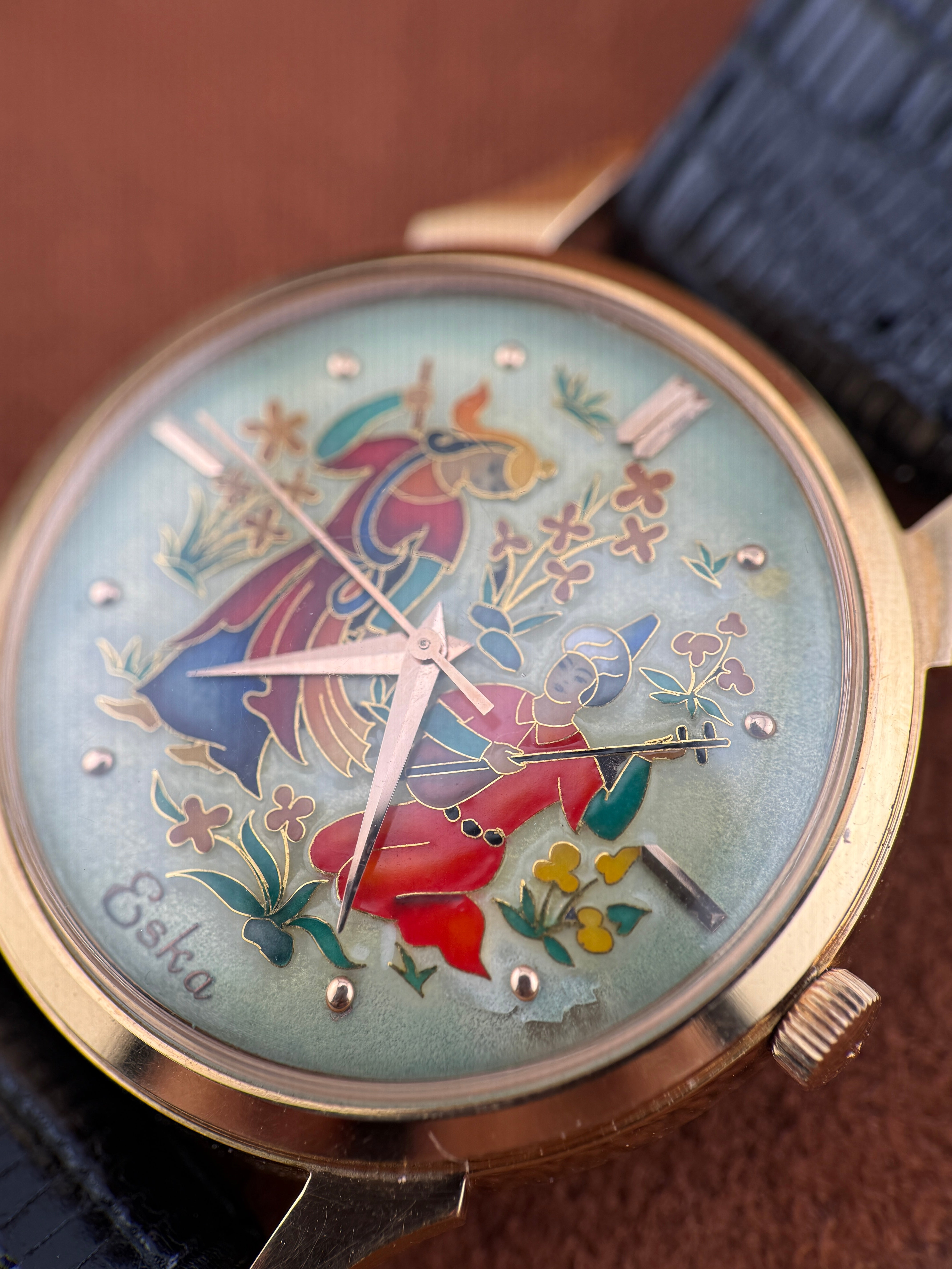 Eska Cloisonné Enamel Dial, 18k Yellow Gold, Persian Courtship Scene, Circa 1955