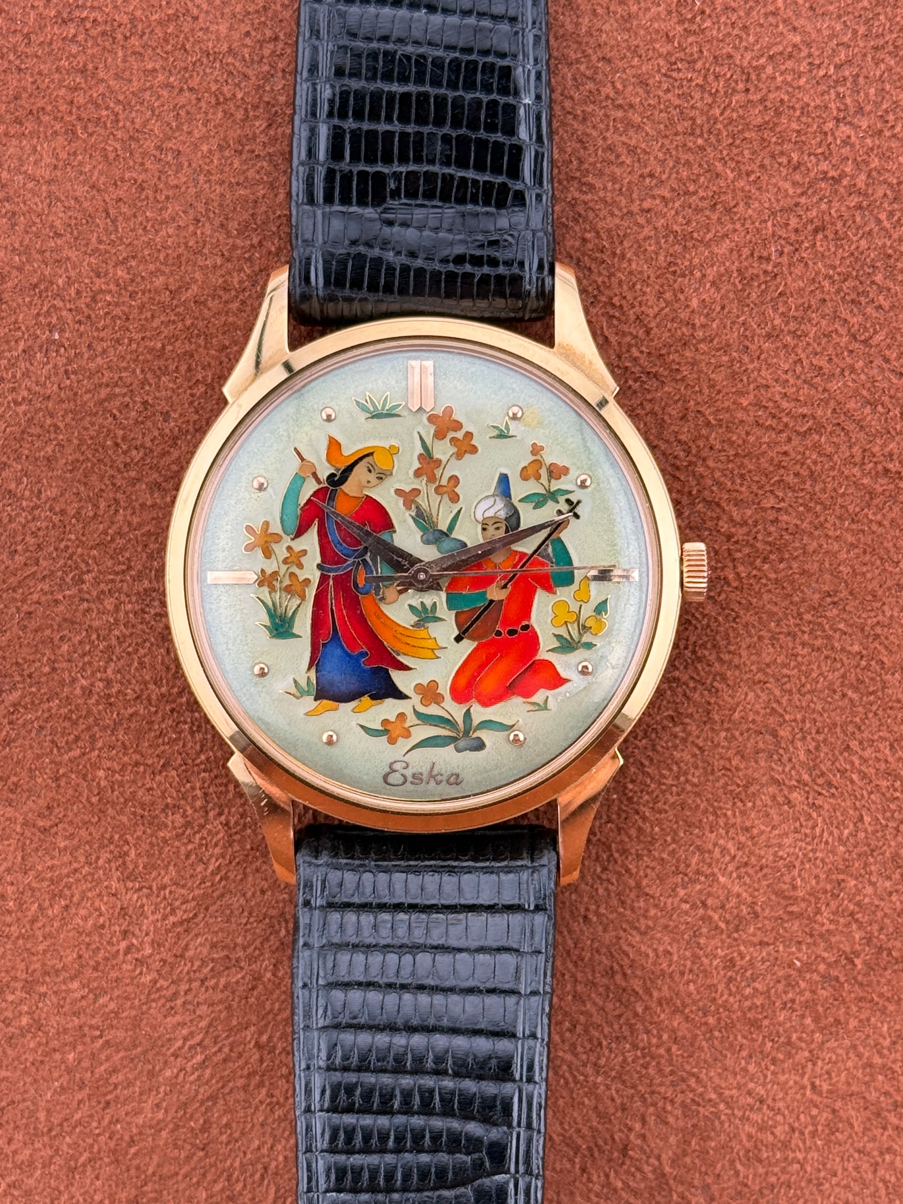 Eska Cloisonné Enamel Dial, 18k Yellow Gold, Persian Courtship Scene, Circa 1955