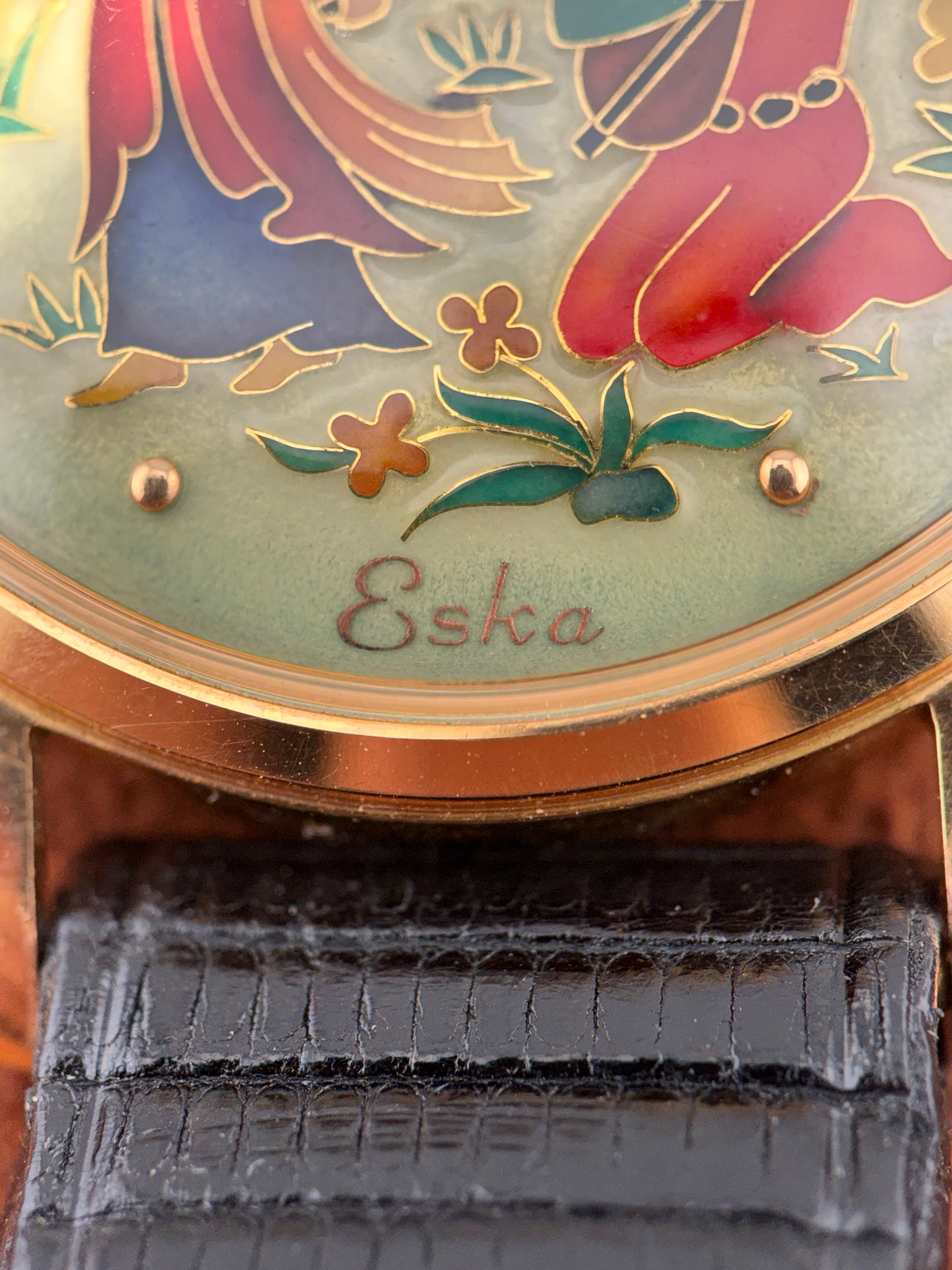 Eska Cloisonné Enamel Dial, 18k Yellow Gold, Persian Courtship Scene, Circa 1955