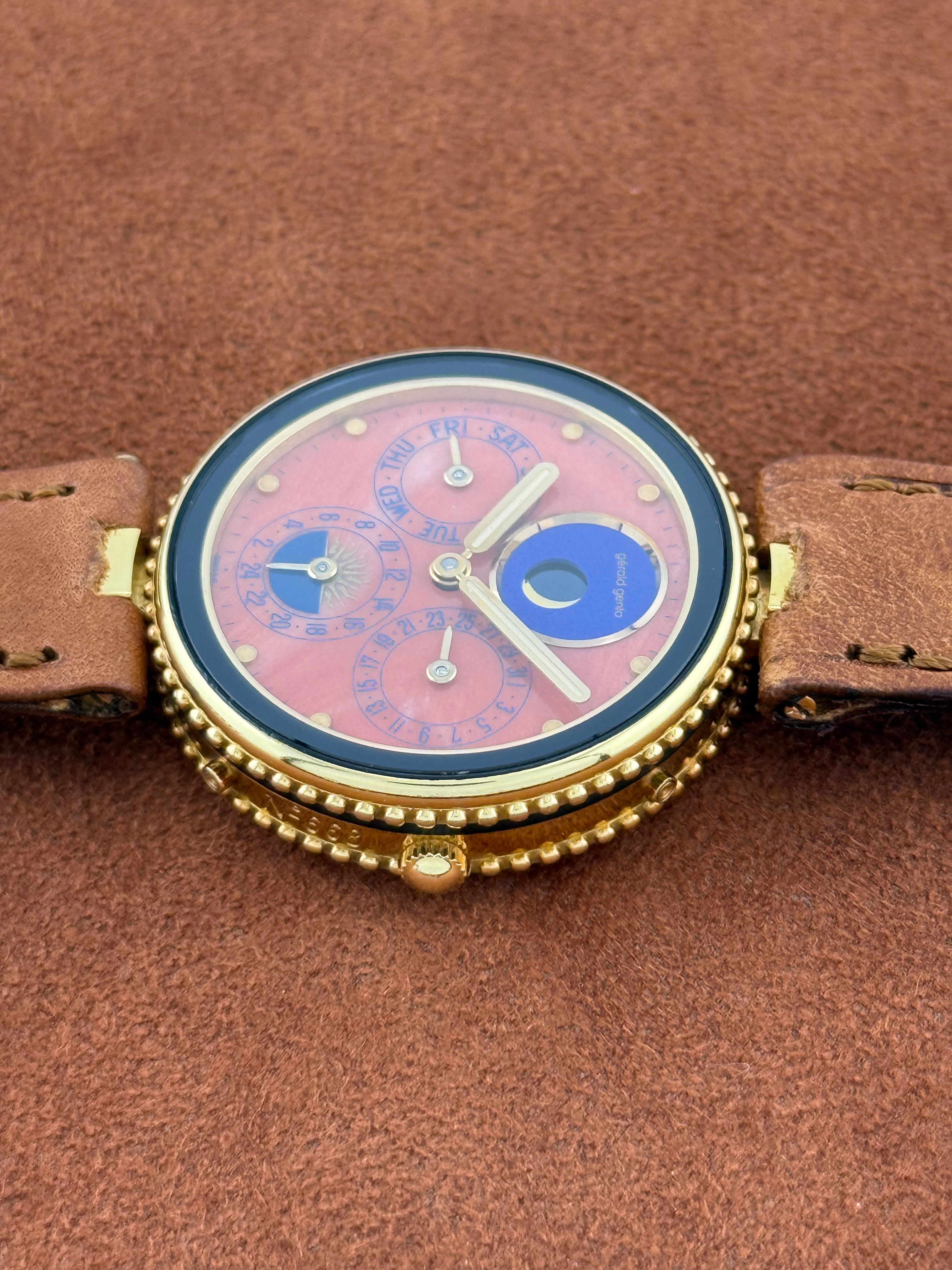 Gérald Genta Gefica – 18K Gold, Coral Dial, Moon Phase, Day-Date, 24 Hour