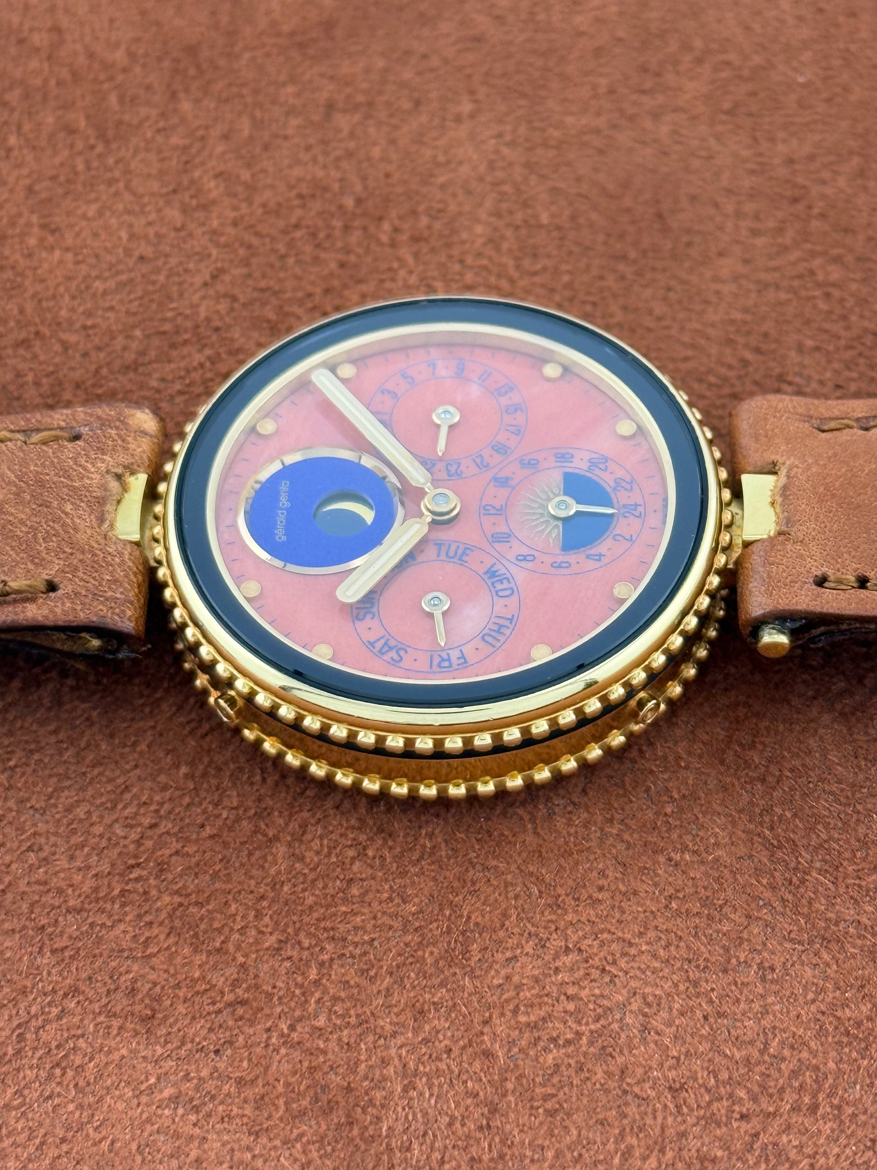 Gérald Genta Gefica – 18K Gold, Coral Dial, Moon Phase, Day-Date, 24 Hour