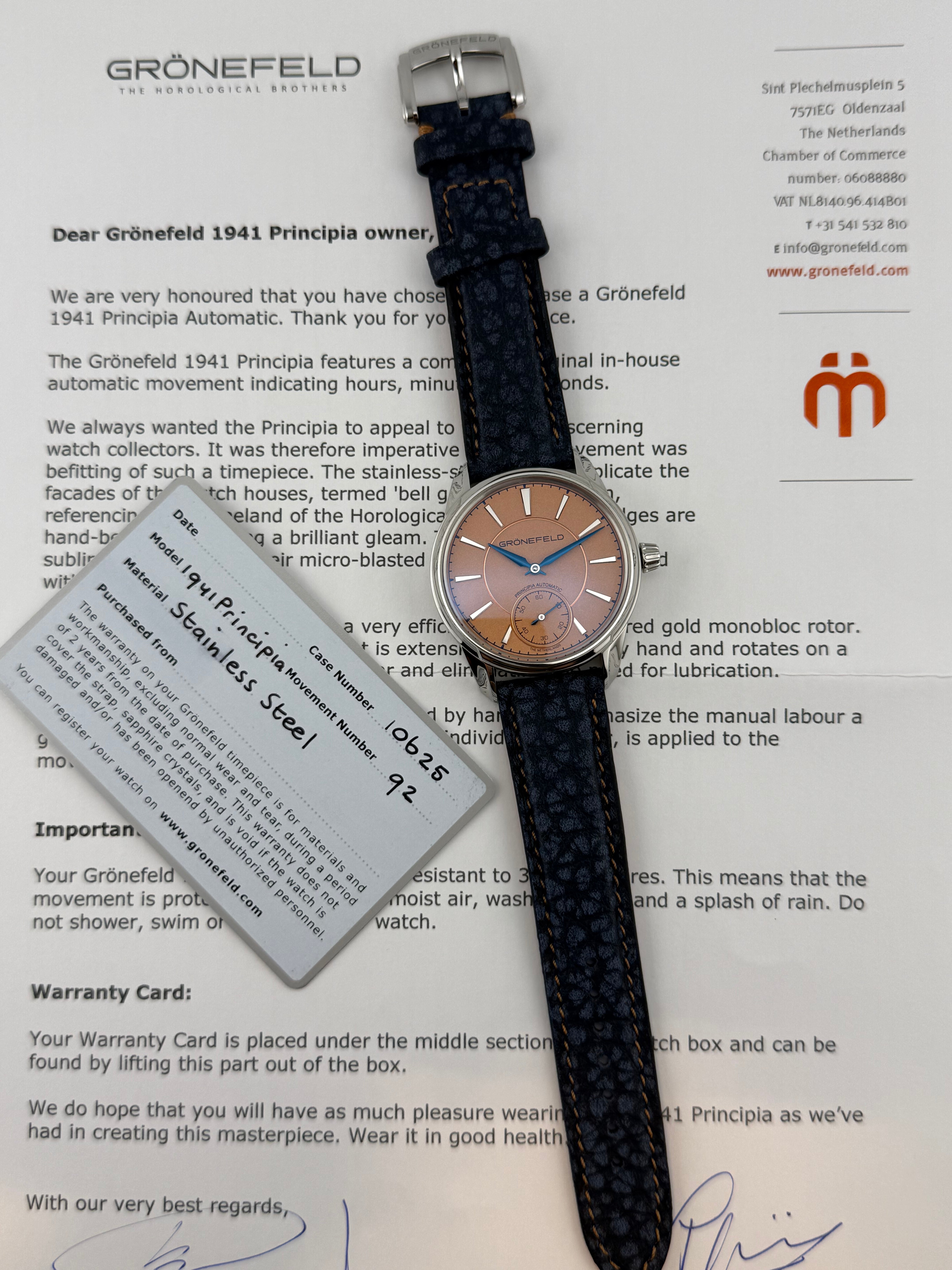 Grönefeld 1941 Principia Automatic – Salmon Dial, Stainless Steel, Full Set, New