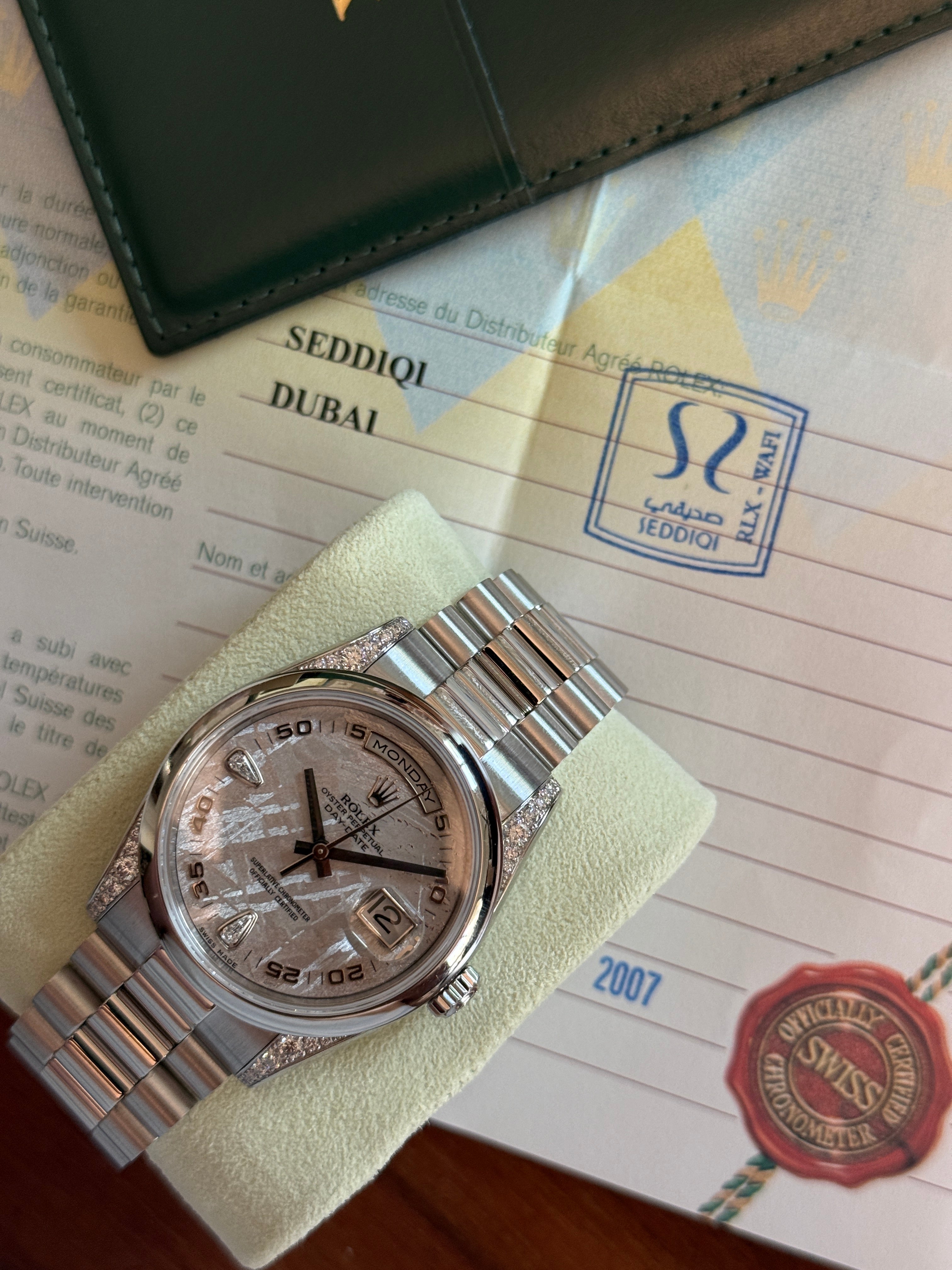Rolex Day-Date Platinum Ref. 118296 — Meteorite Dial, Full Set, Seddiqi Dubai 2007
