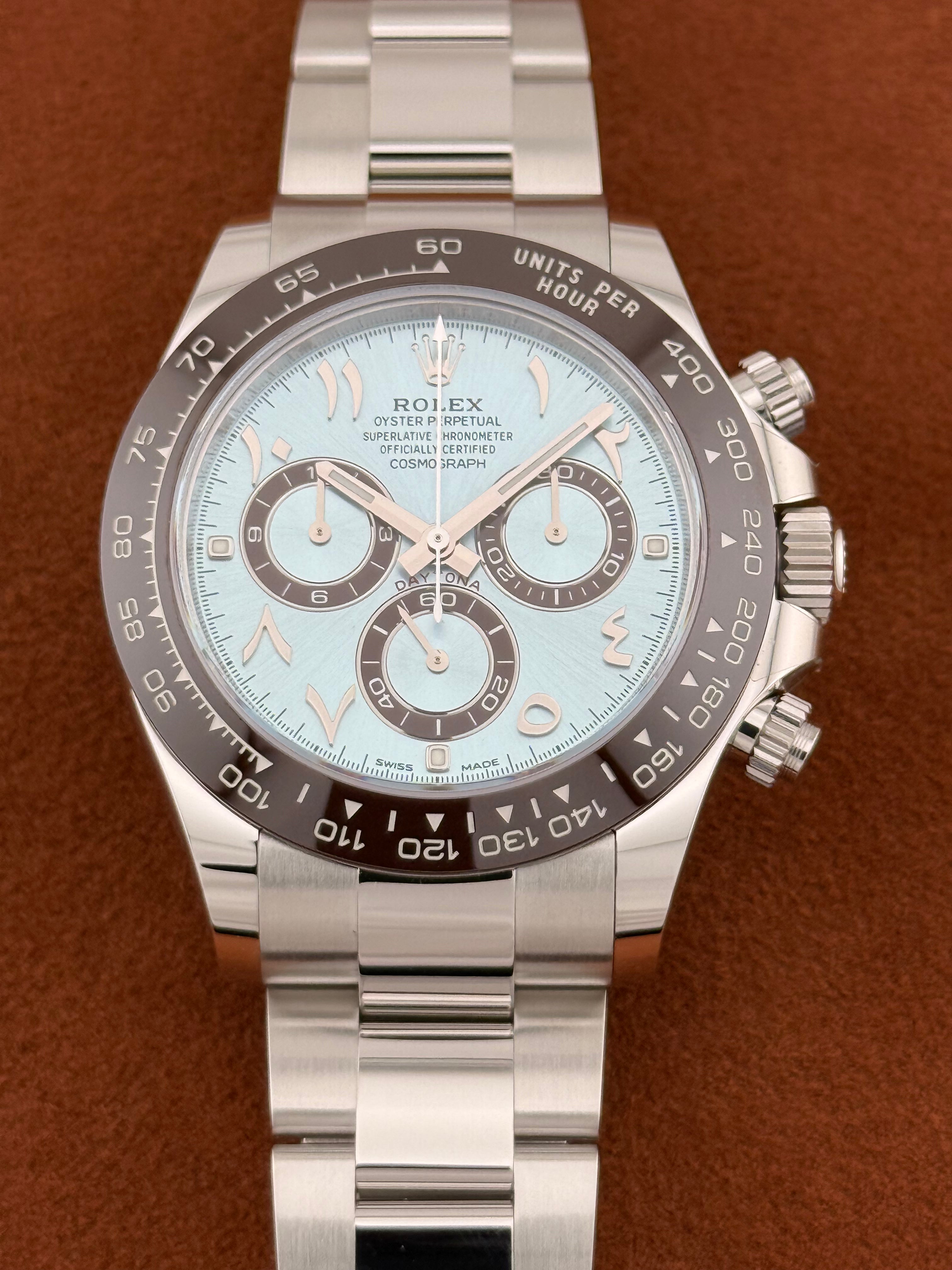 Rolex Cosmograph Daytona Ref. 116506 – Platinum, Ice Blue Dial, Eastern Arabic Numerals – Unworn, Full Set 2022