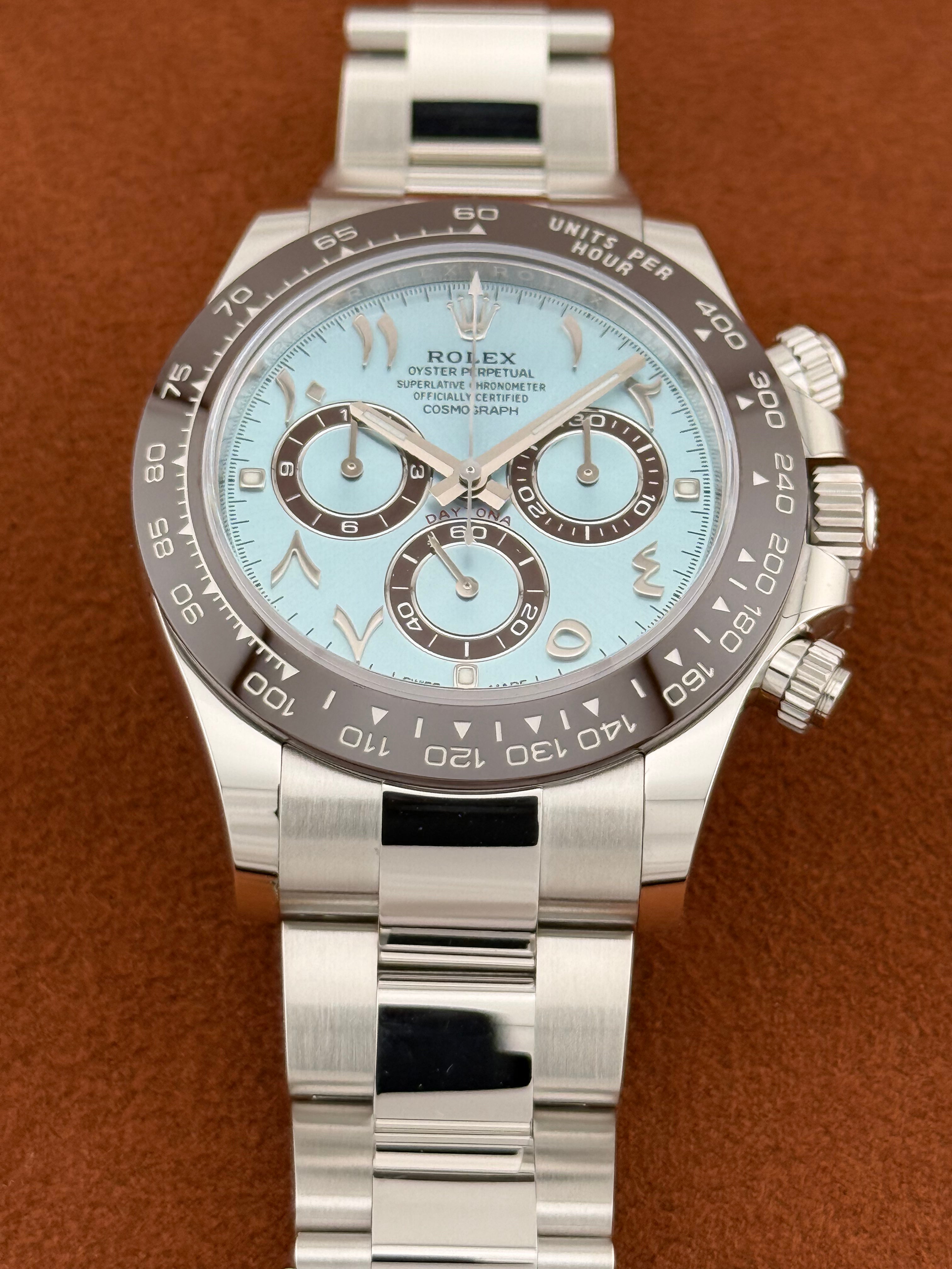 Rolex Cosmograph Daytona Ref. 116506 – Platinum, Ice Blue Dial, Eastern Arabic Numerals – Unworn, Full Set 2022