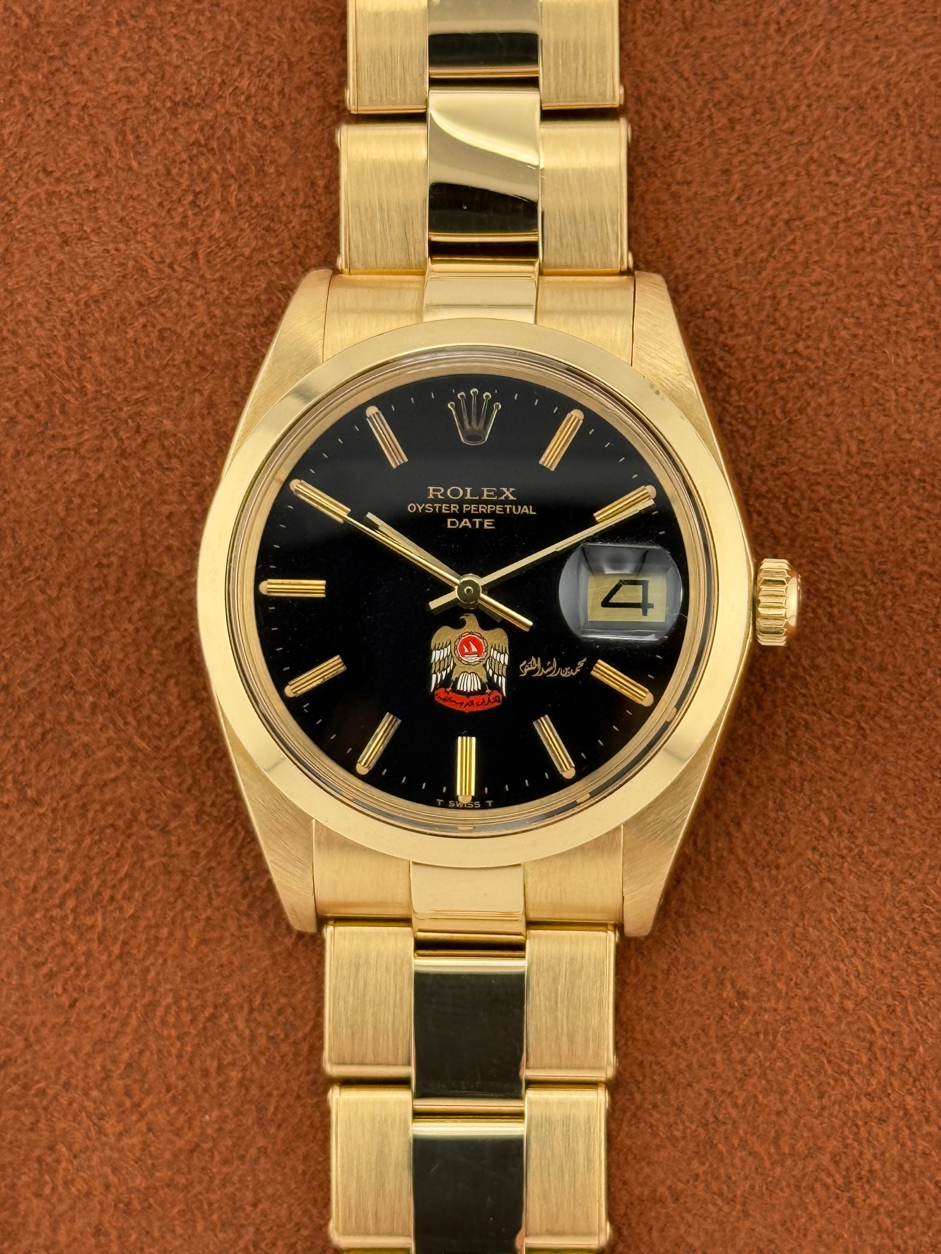 Rolex Oyster Perpetual Date Ref. 1500 – Yellow Gold, UAE Crest Dial, Sheikh Mohammed bin Rashid Signature