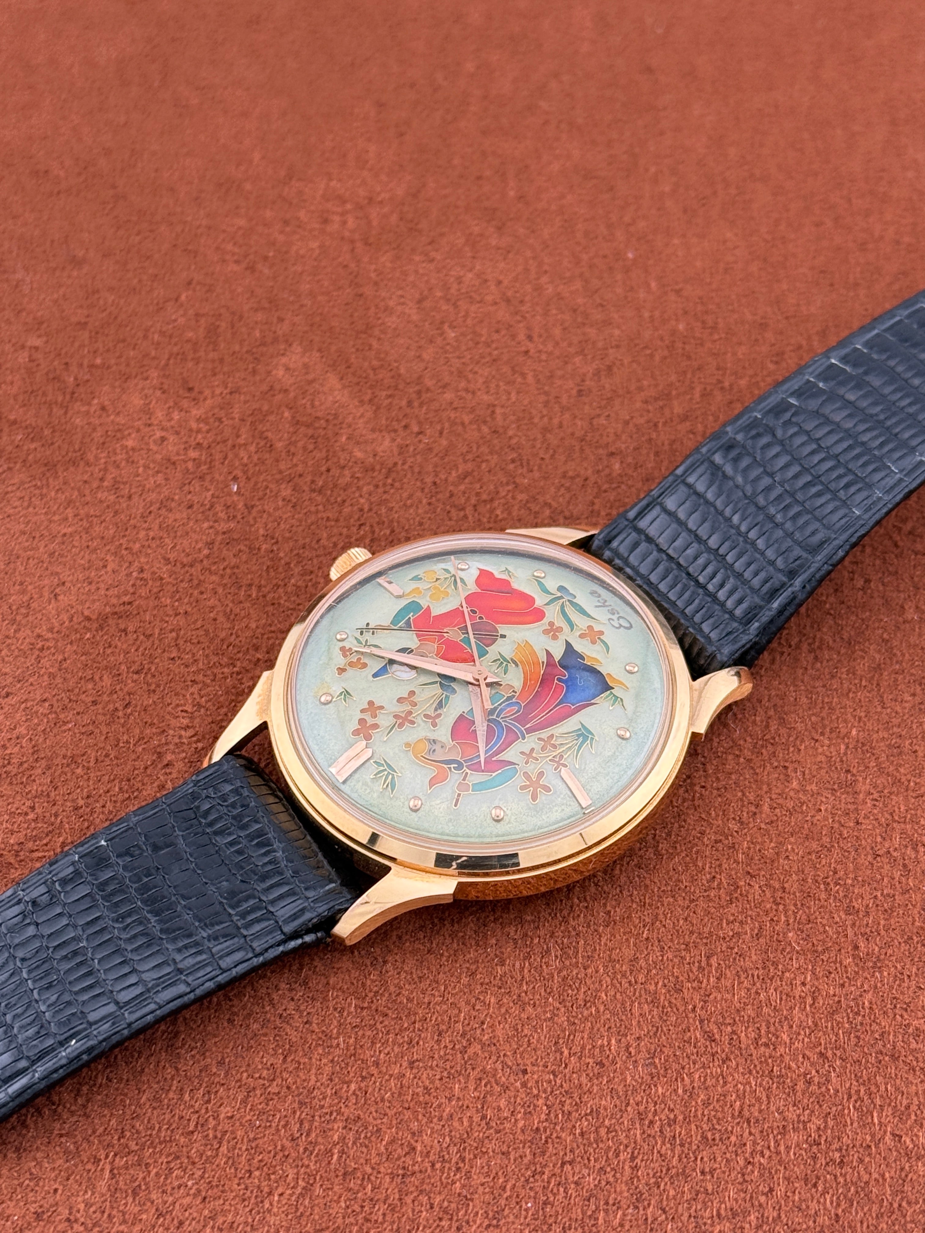 Eska Cloisonné Enamel Dial, 18k Yellow Gold, Persian Courtship Scene, Circa 1955