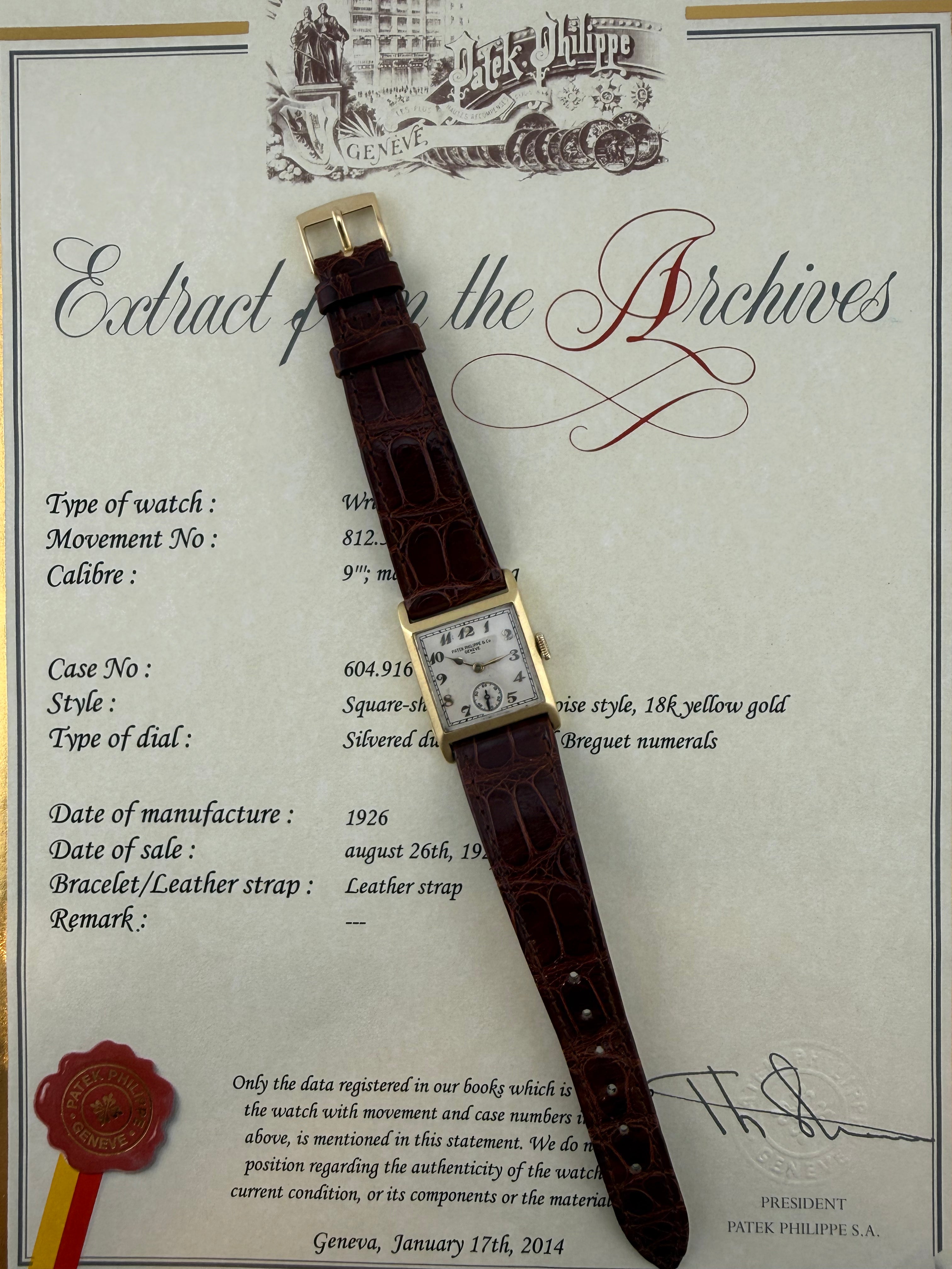 Patek Philippe Pre-Reference Square Wristwatch – 18K Yellow Gold, Extract from the Archives, 1926