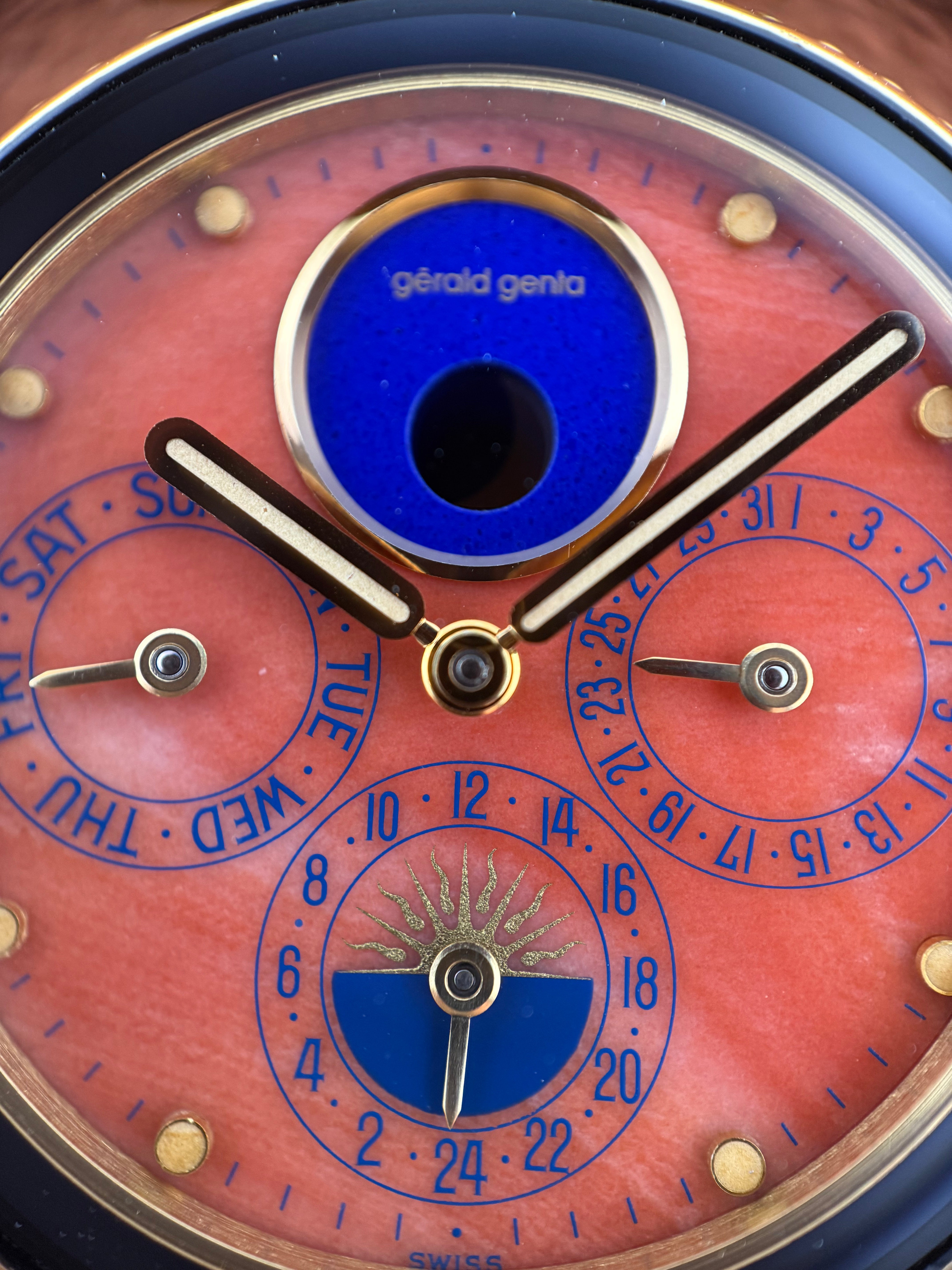 Gérald Genta Gefica – 18K Gold, Coral Dial, Moon Phase, Day-Date, 24 Hour