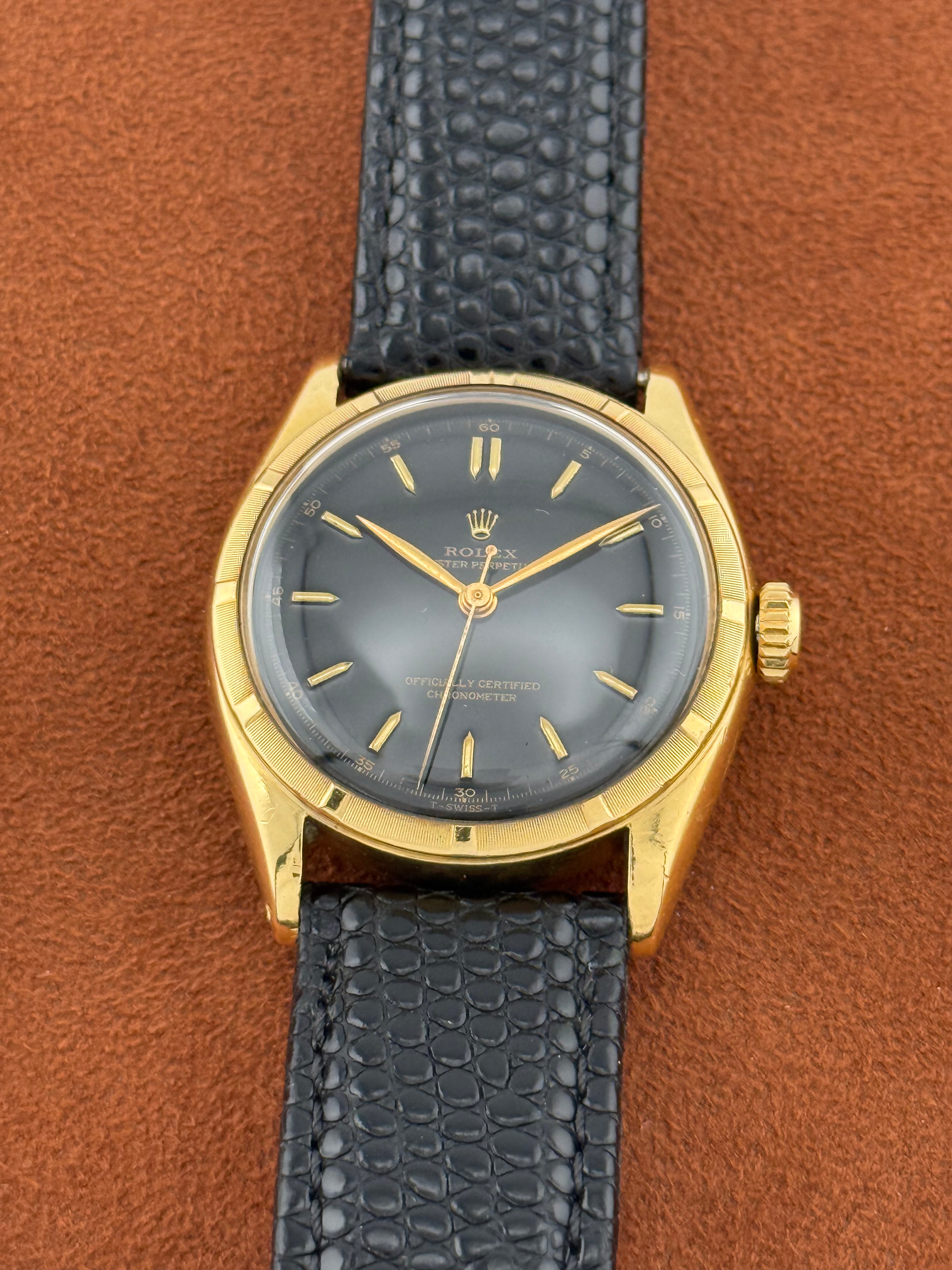 Rolex Oyster Perpetual Bubbleback Ref. 6085 – 18K Gold, Black Dial