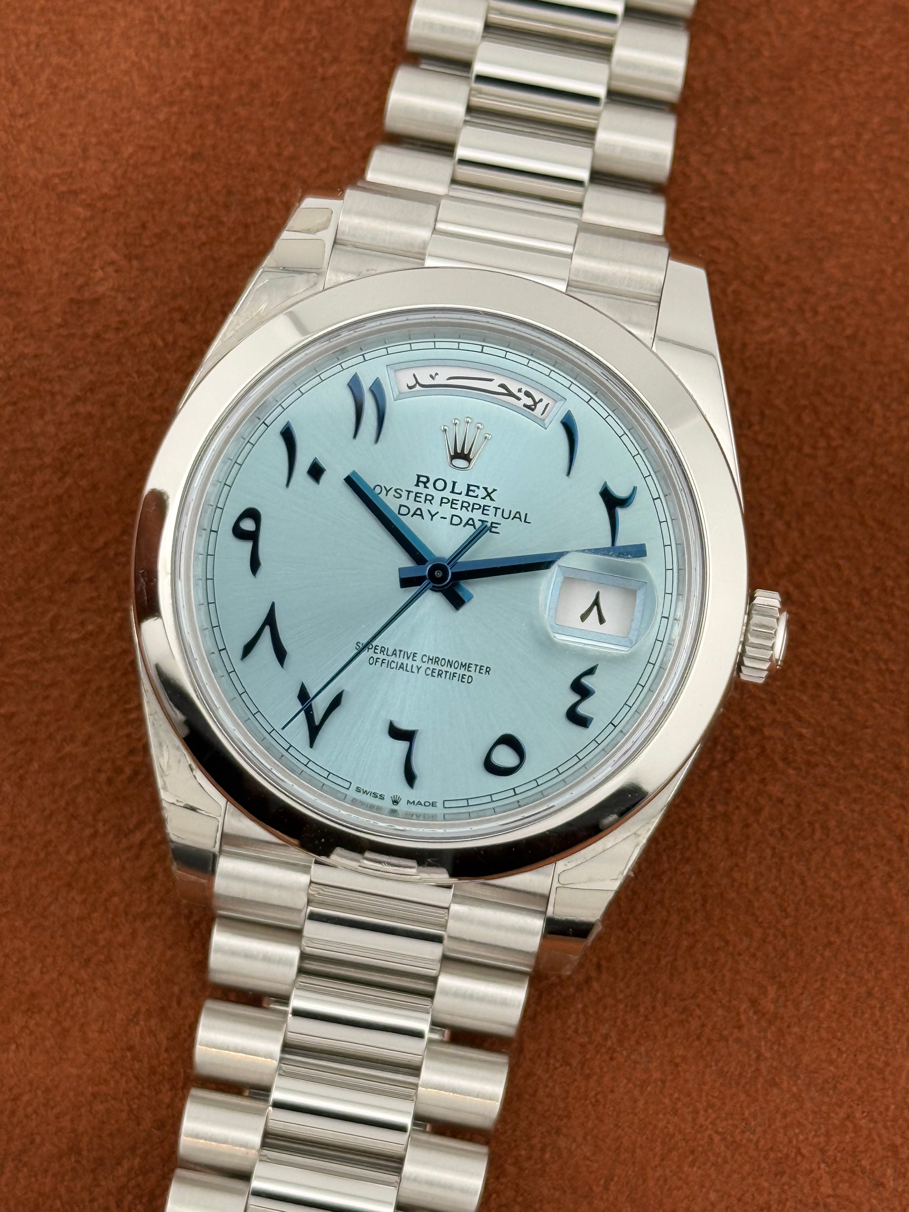 Rolex Day-Date 40 Ref. 228206 – Platinum, Ice Blue Eastern Arabic Dial, Full Set 2021