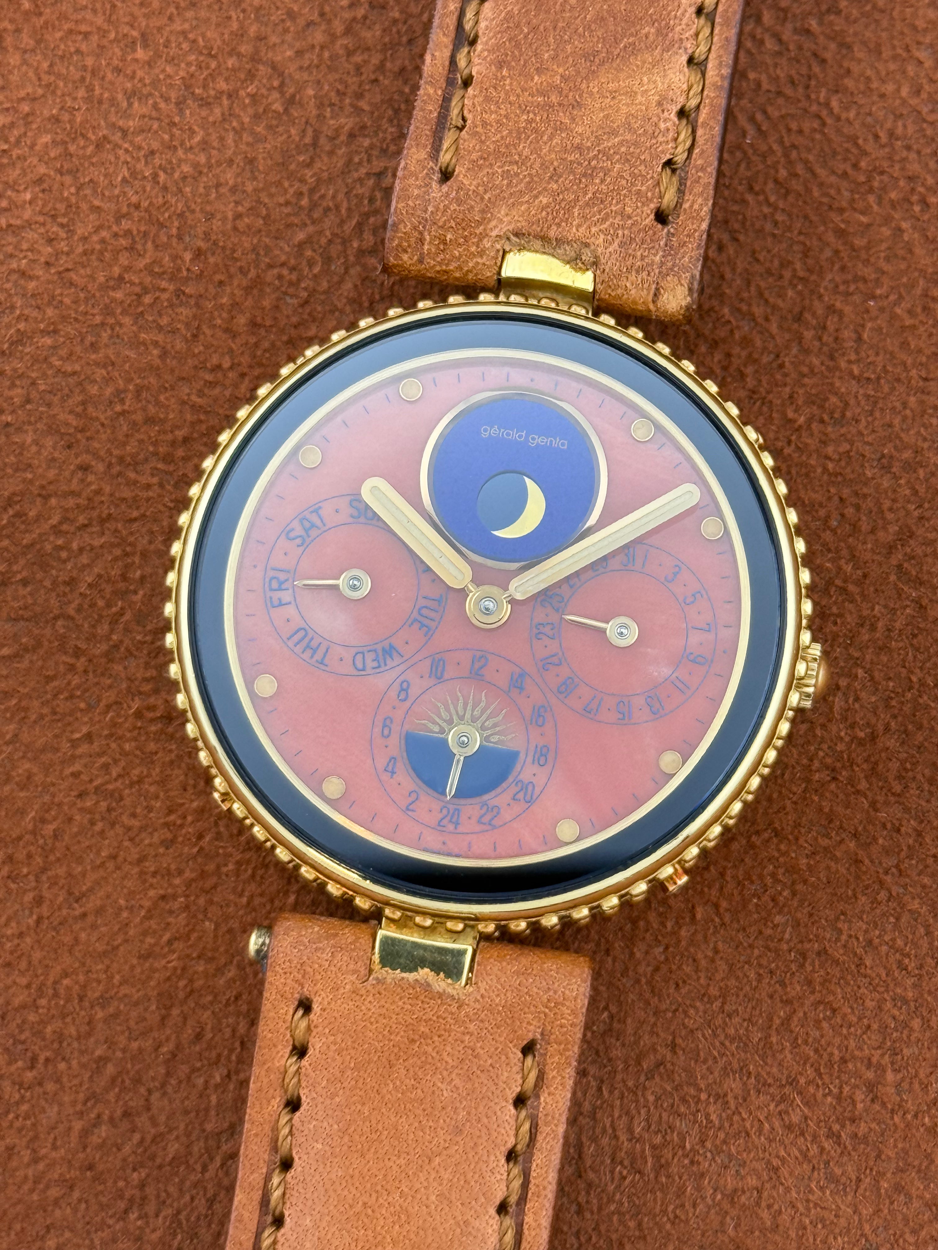 Gérald Genta Gefica – 18K Gold, Coral Dial, Moon Phase, Day-Date, 24 Hour