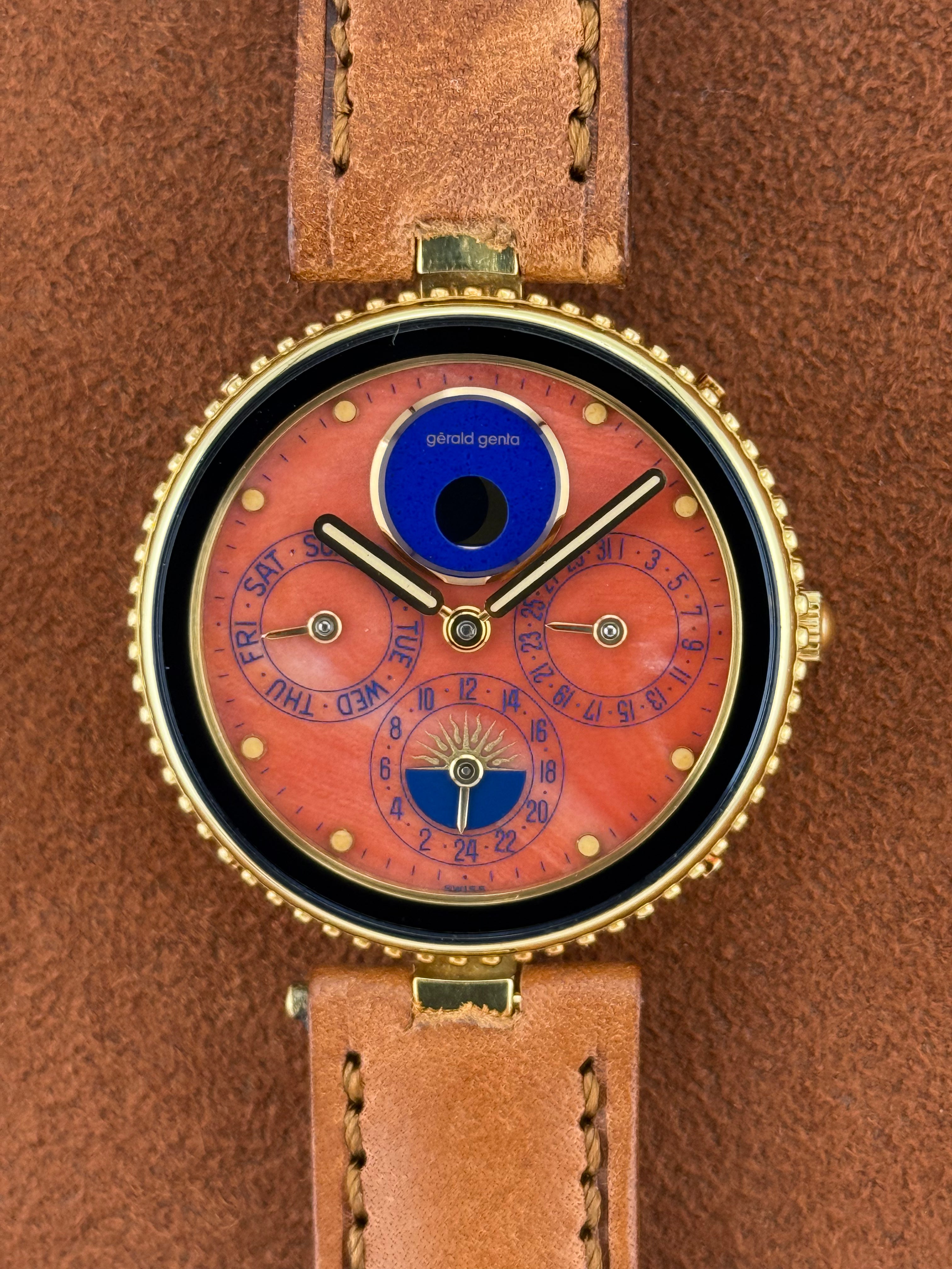 Gérald Genta Gefica – 18K Gold, Coral Dial, Moon Phase, Day-Date, 24 Hour