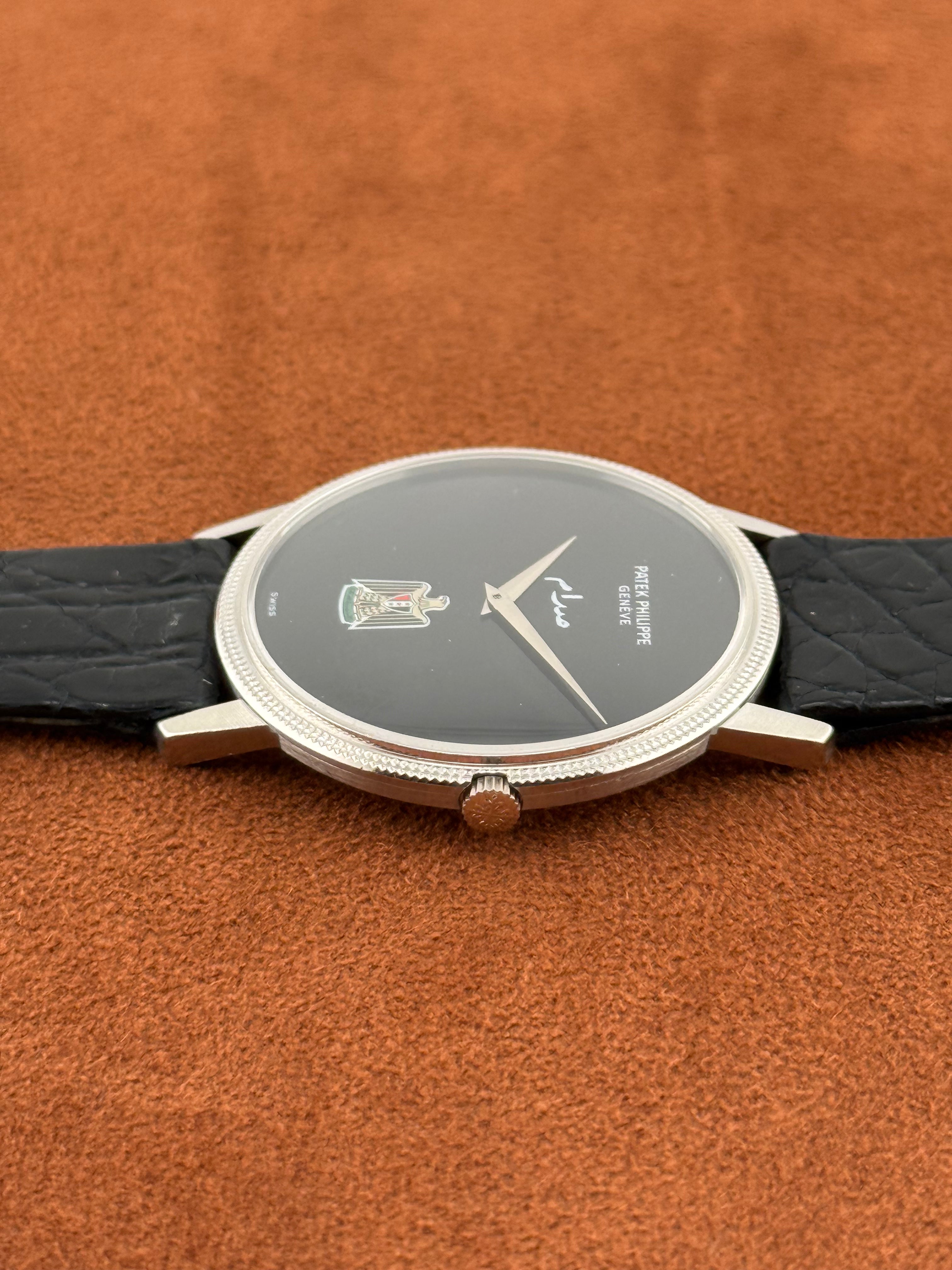 Patek Philippe Calatrava Ref. 3590 Iraqi eagle and “Saddam” on the dial – Onyx Dial, 18K White Gold, Extract from the Archives, 1981