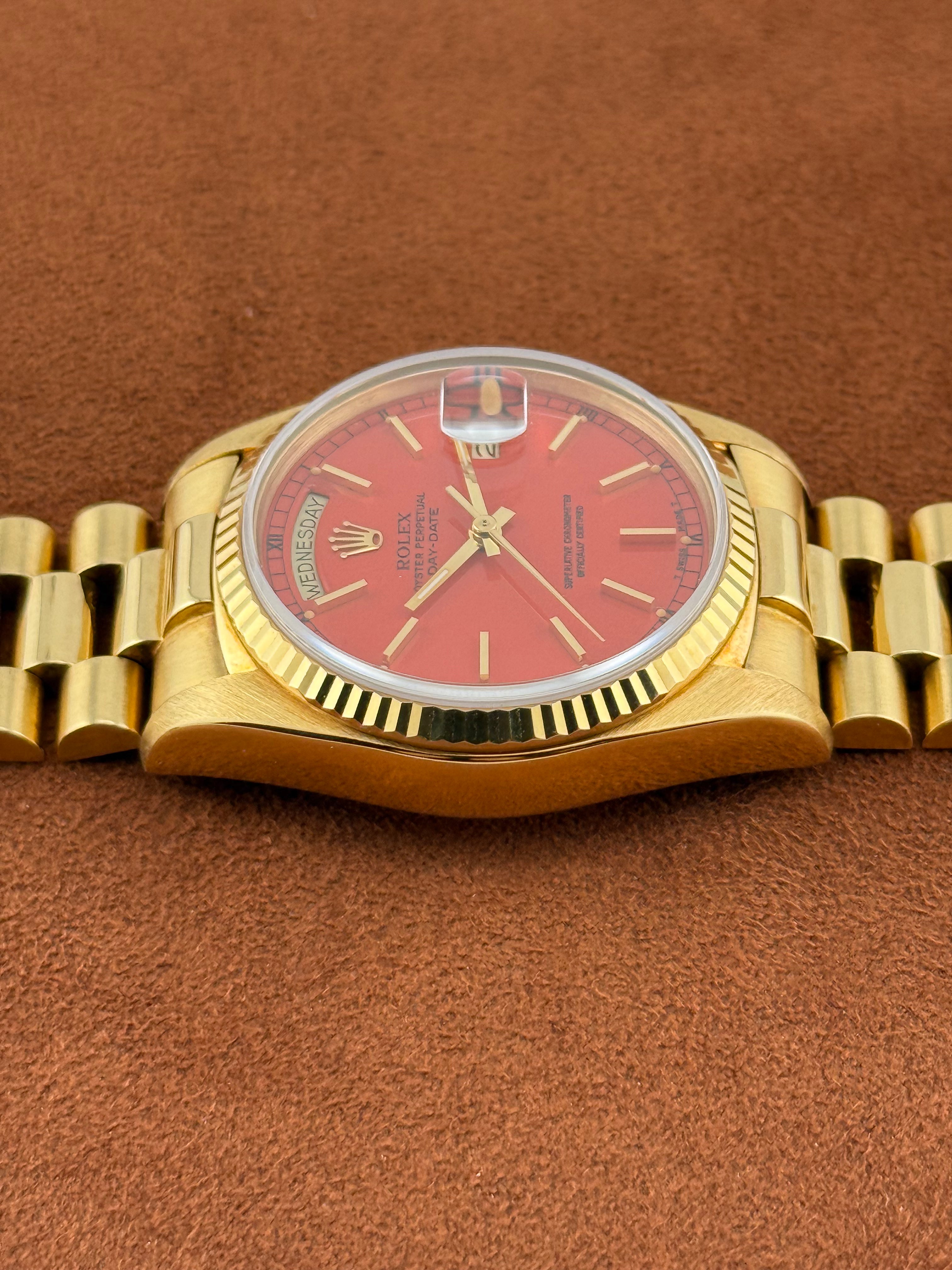 Rolex Day-Date “Stella” Ref. 18038 – Coral Red Dial, 18K Yellow Gold Bracelet Watch, Circa 1987