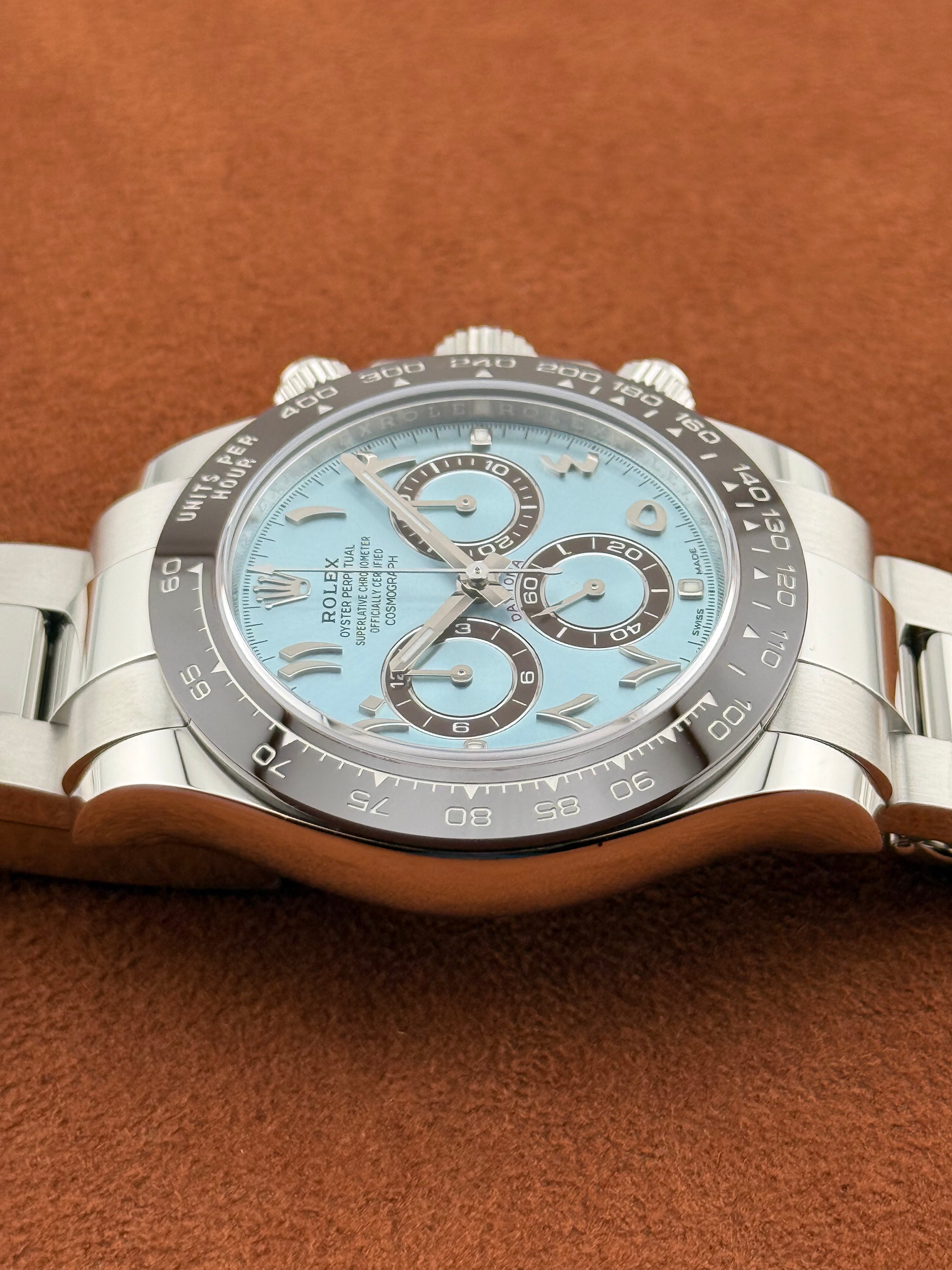 Rolex Cosmograph Daytona Ref. 116506 – Platinum, Ice Blue Dial, Eastern Arabic Numerals – Unworn, Full Set 2022