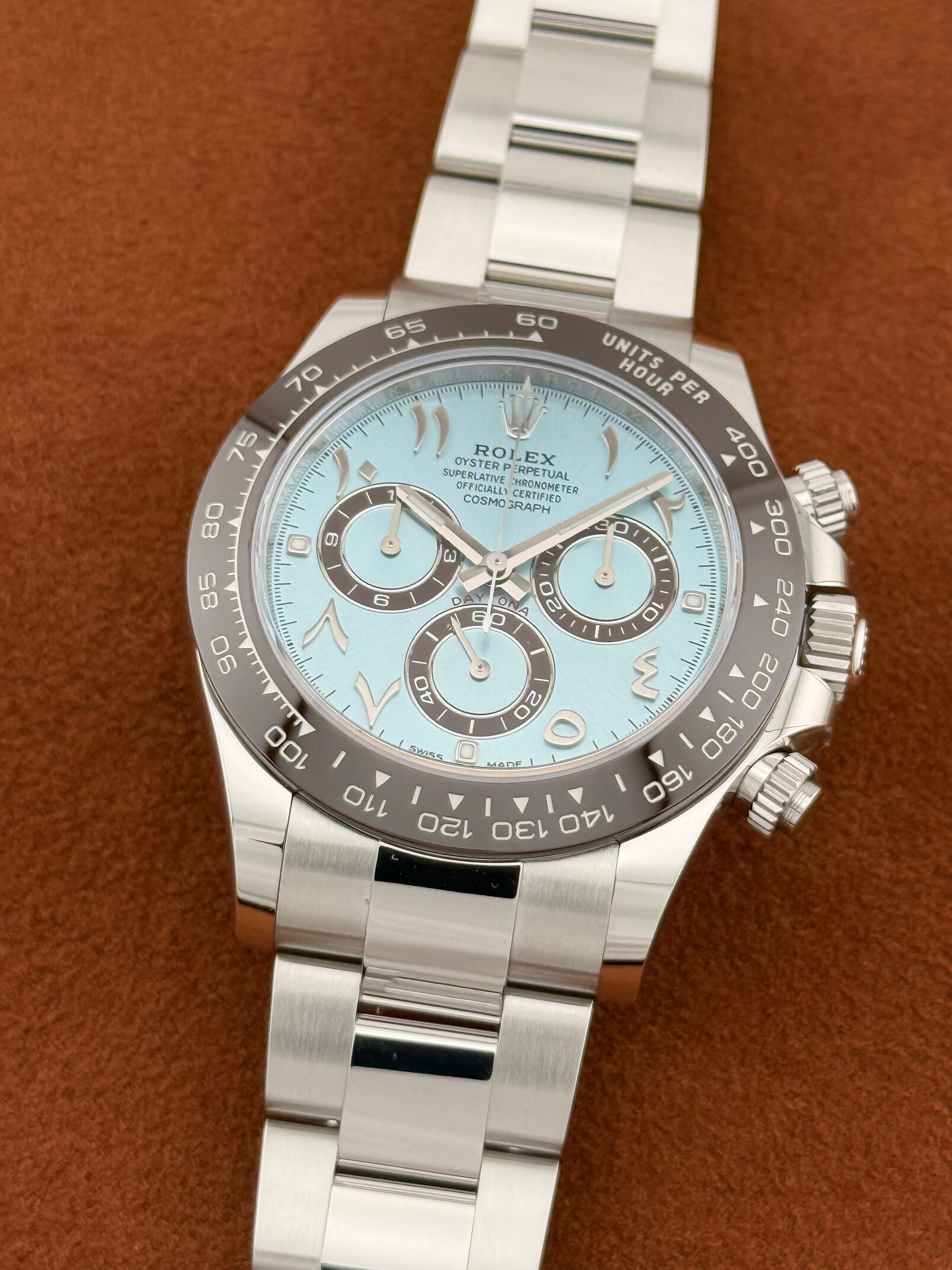 Rolex Cosmograph Daytona Ref. 116506 – Platinum, Ice Blue Dial, Eastern Arabic Numerals – Unworn, Full Set 2022