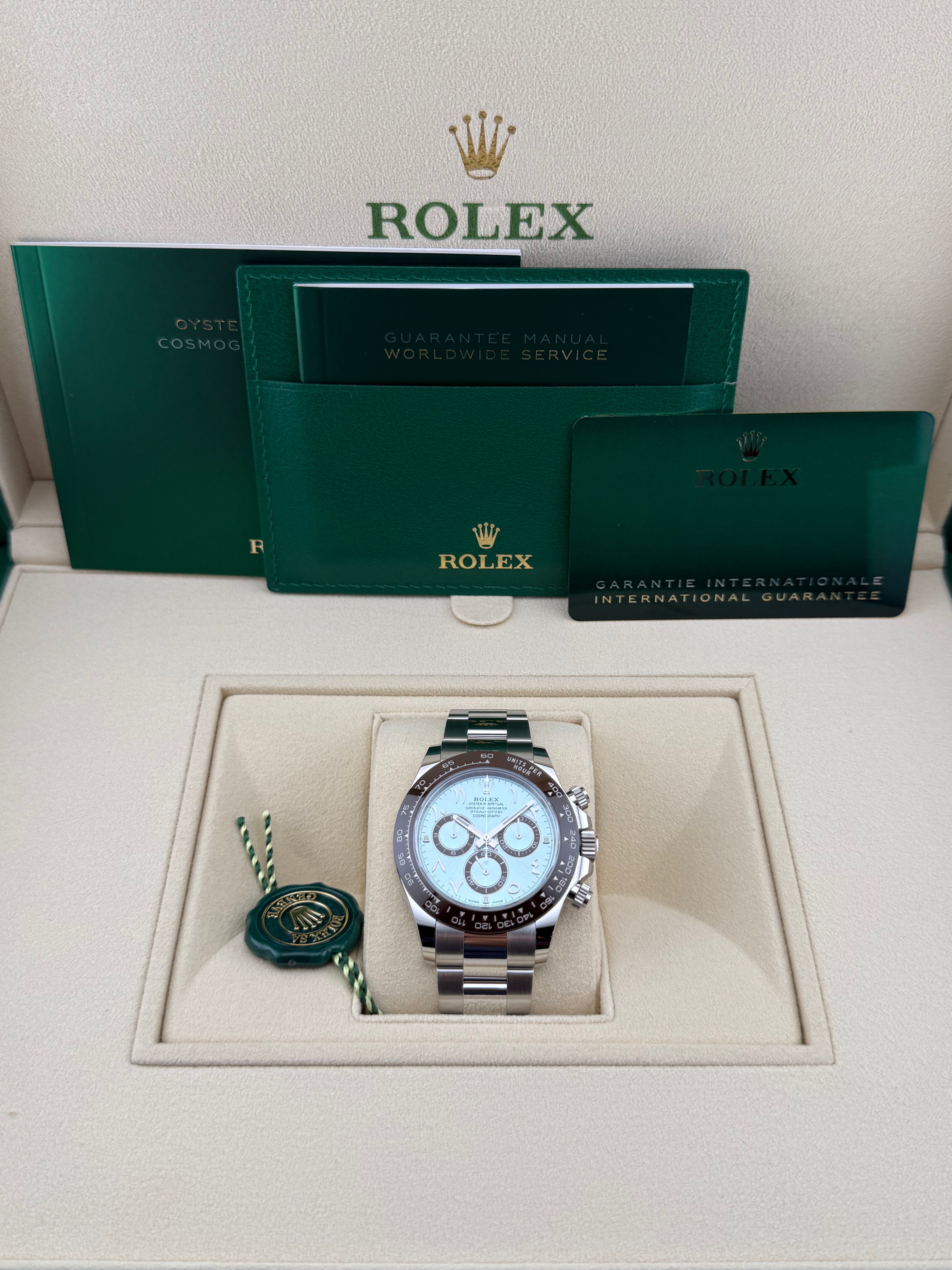 Rolex Cosmograph Daytona Ref. 116506 – Platinum, Ice Blue Dial, Eastern Arabic Numerals – Unworn, Full Set 2022