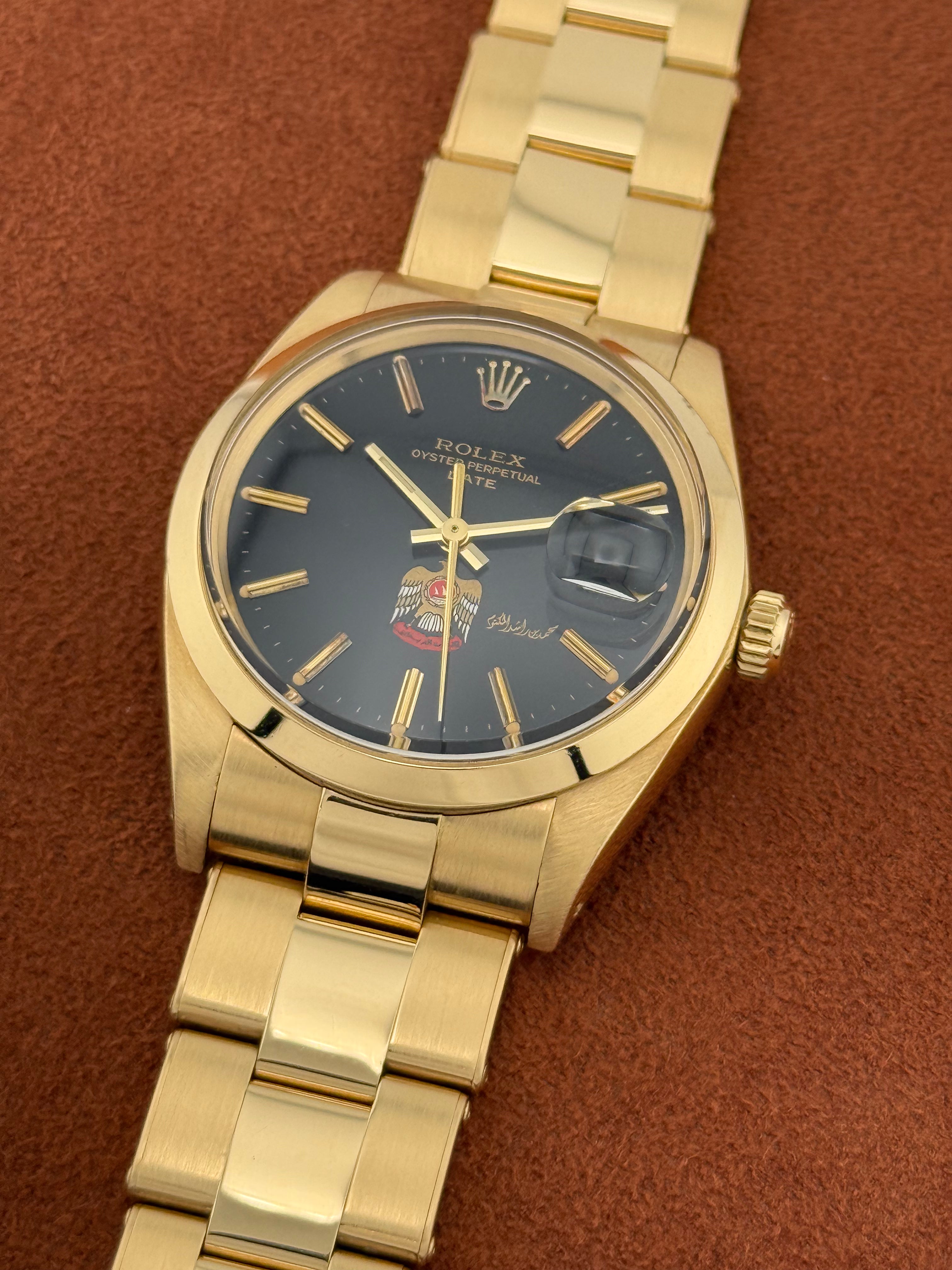 Rolex Oyster Perpetual Date Ref. 1500 – Yellow Gold, UAE Crest Dial, Sheikh Mohammed bin Rashid Signature