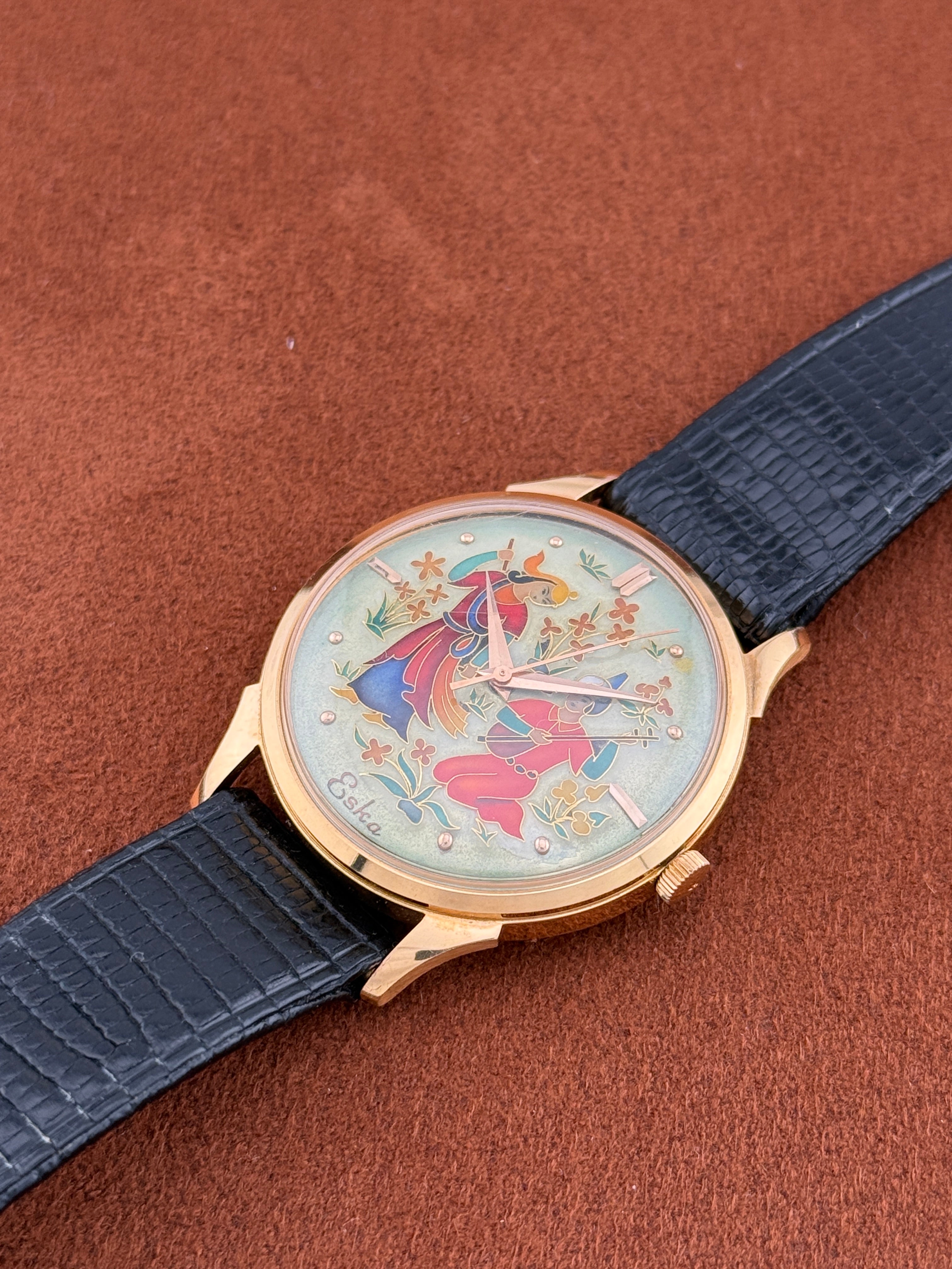 Eska Cloisonné Enamel Dial, 18k Yellow Gold, Persian Courtship Scene, Circa 1955