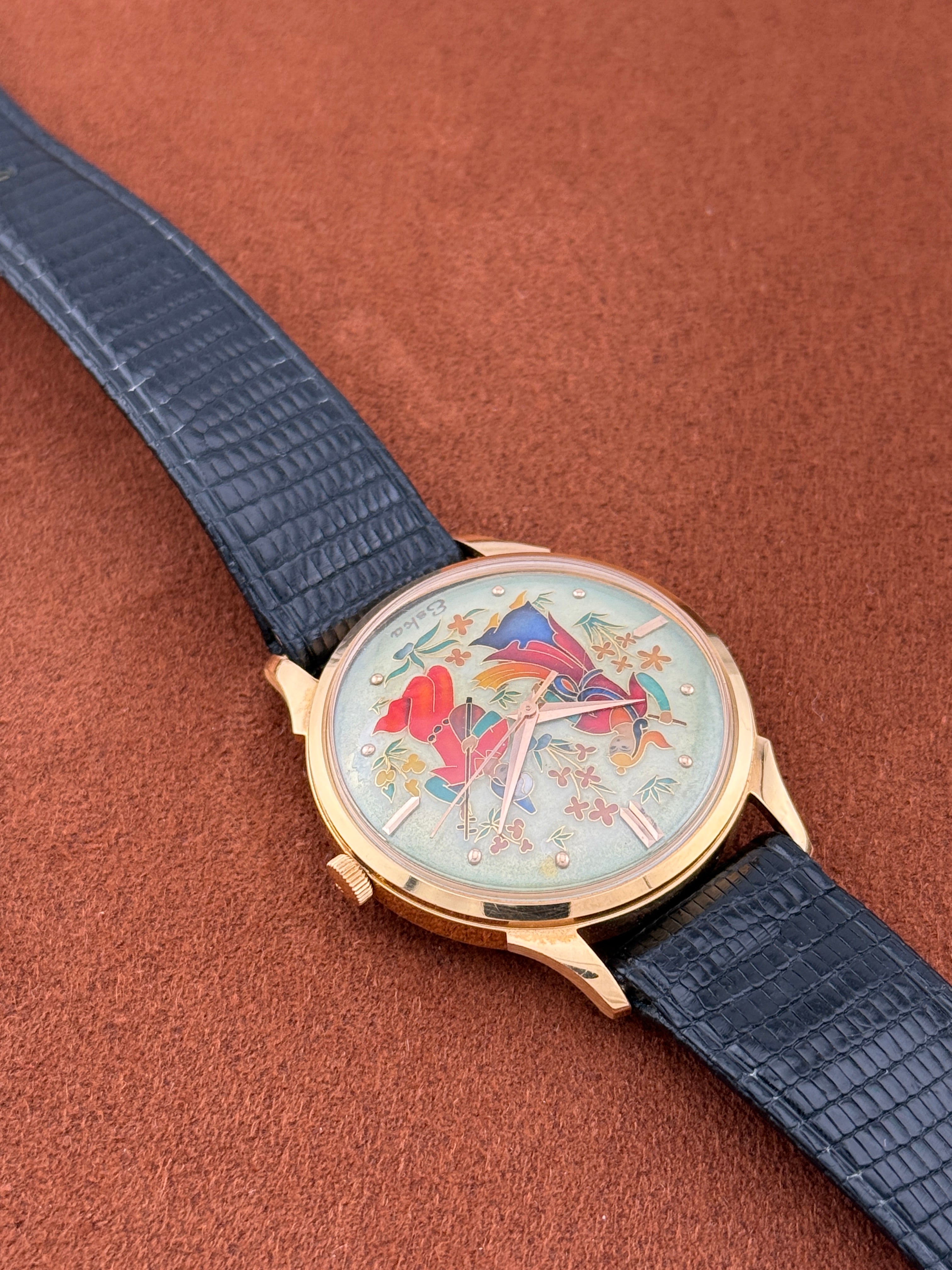 Eska Cloisonné Enamel Dial, 18k Yellow Gold, Persian Courtship Scene, Circa 1955