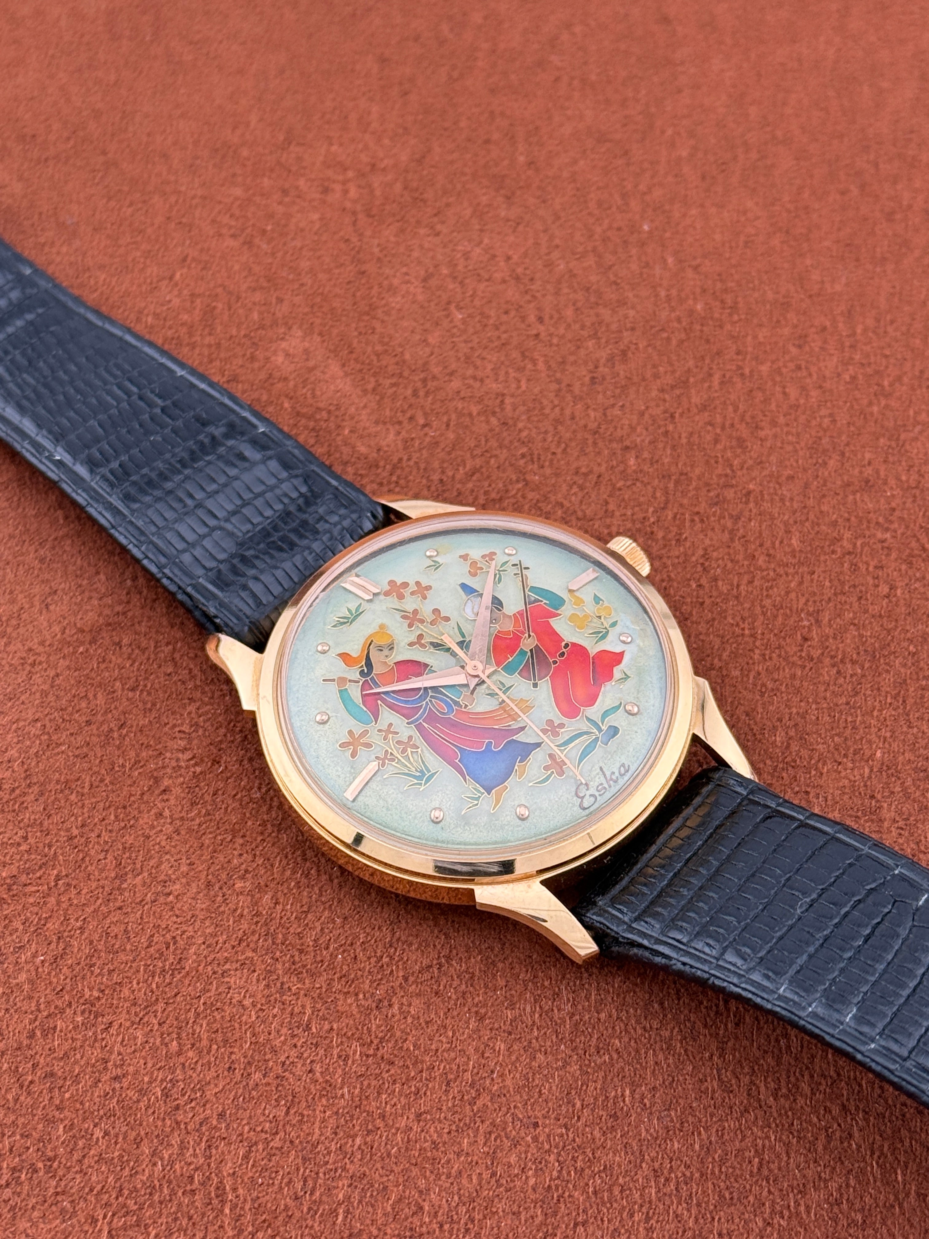 Eska Cloisonné Enamel Dial, 18k Yellow Gold, Persian Courtship Scene, Circa 1955