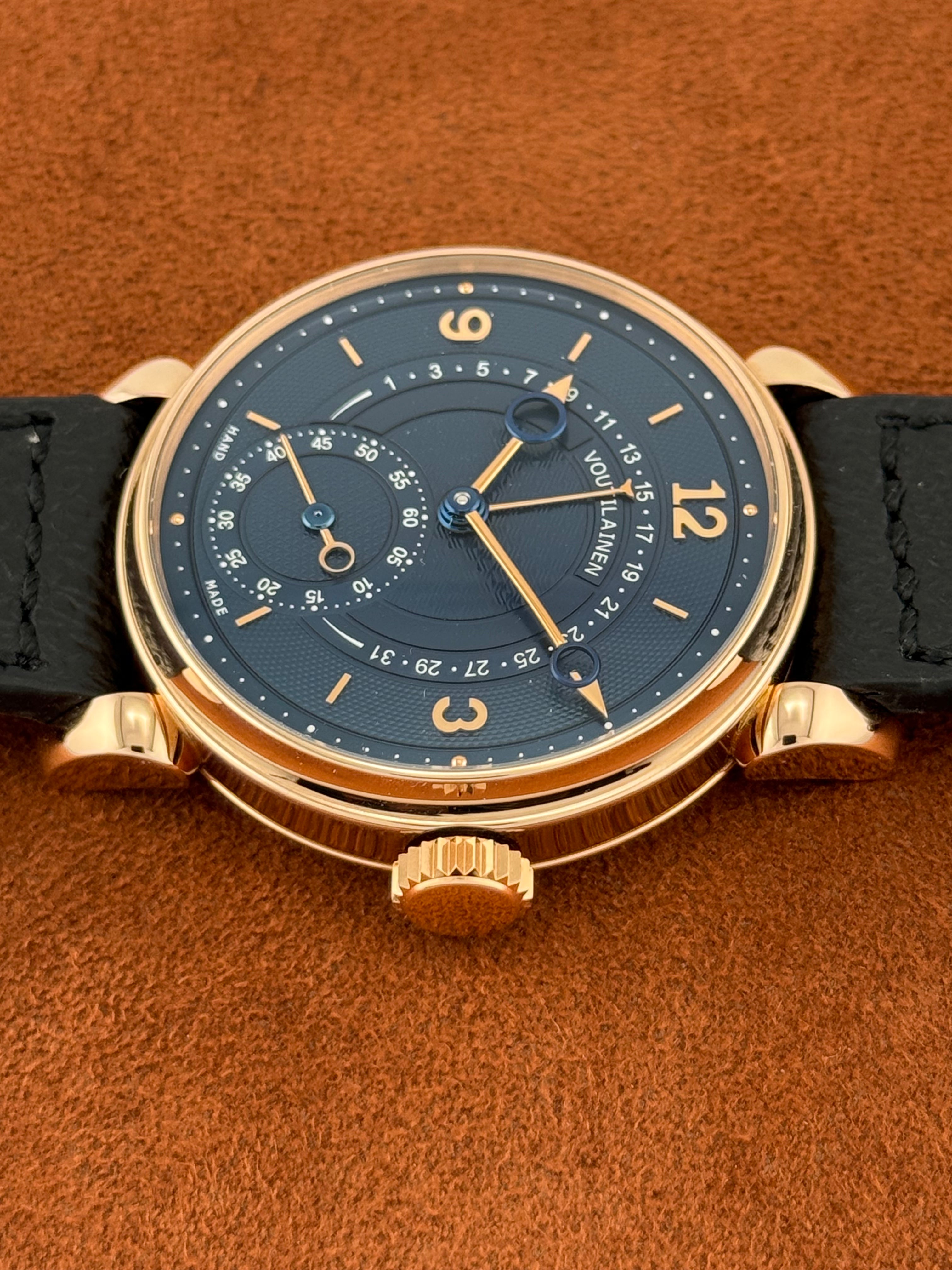 Voutilainen Retrograde Date Ref. 217QRS – Pink Gold, Blue Guilloché Dial, Limited Edition of 10