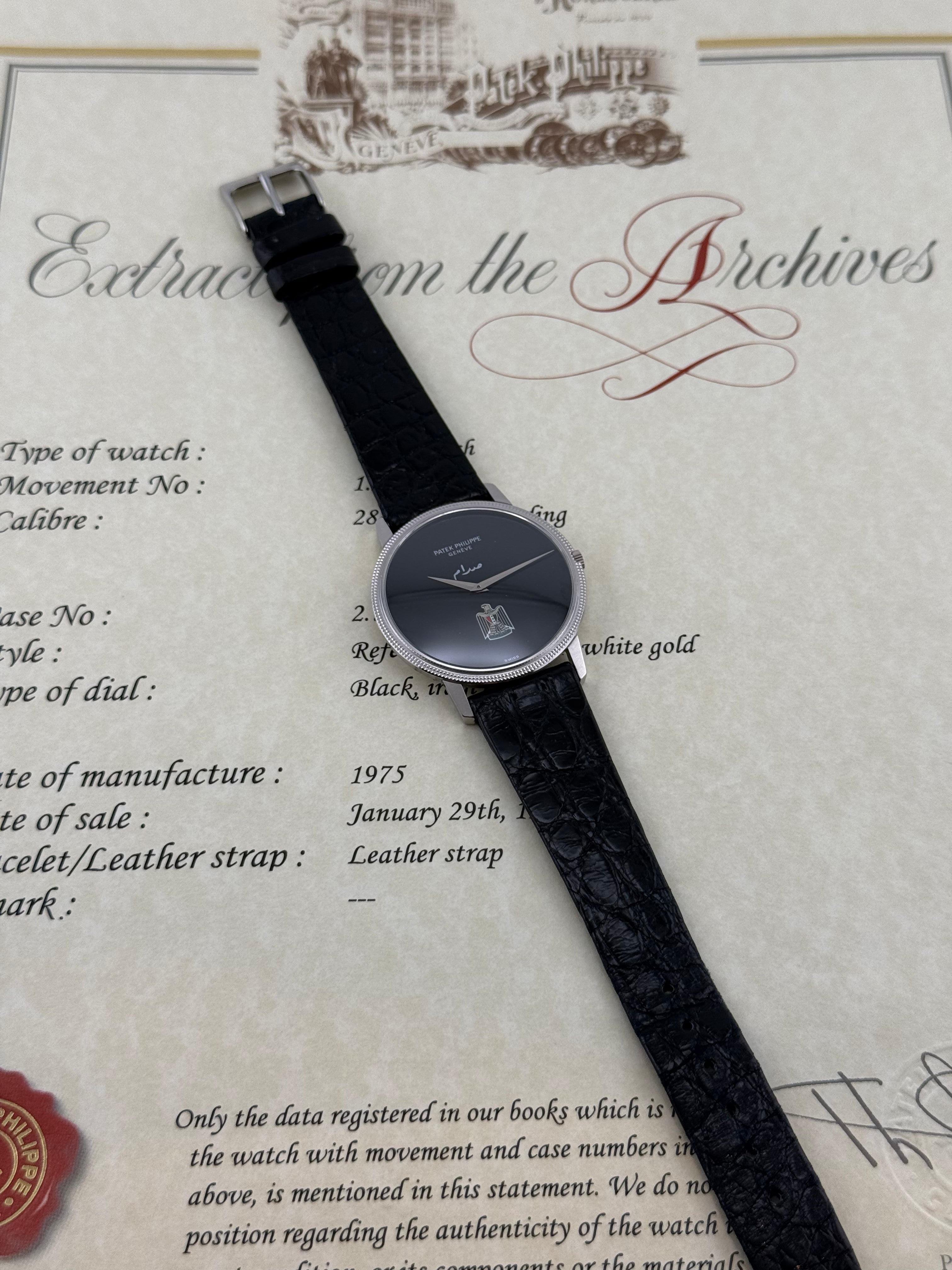 Patek Philippe Calatrava Ref. 3590 Iraqi eagle and “Saddam” on the dial – Onyx Dial, 18K White Gold, Extract from the Archives, 1981