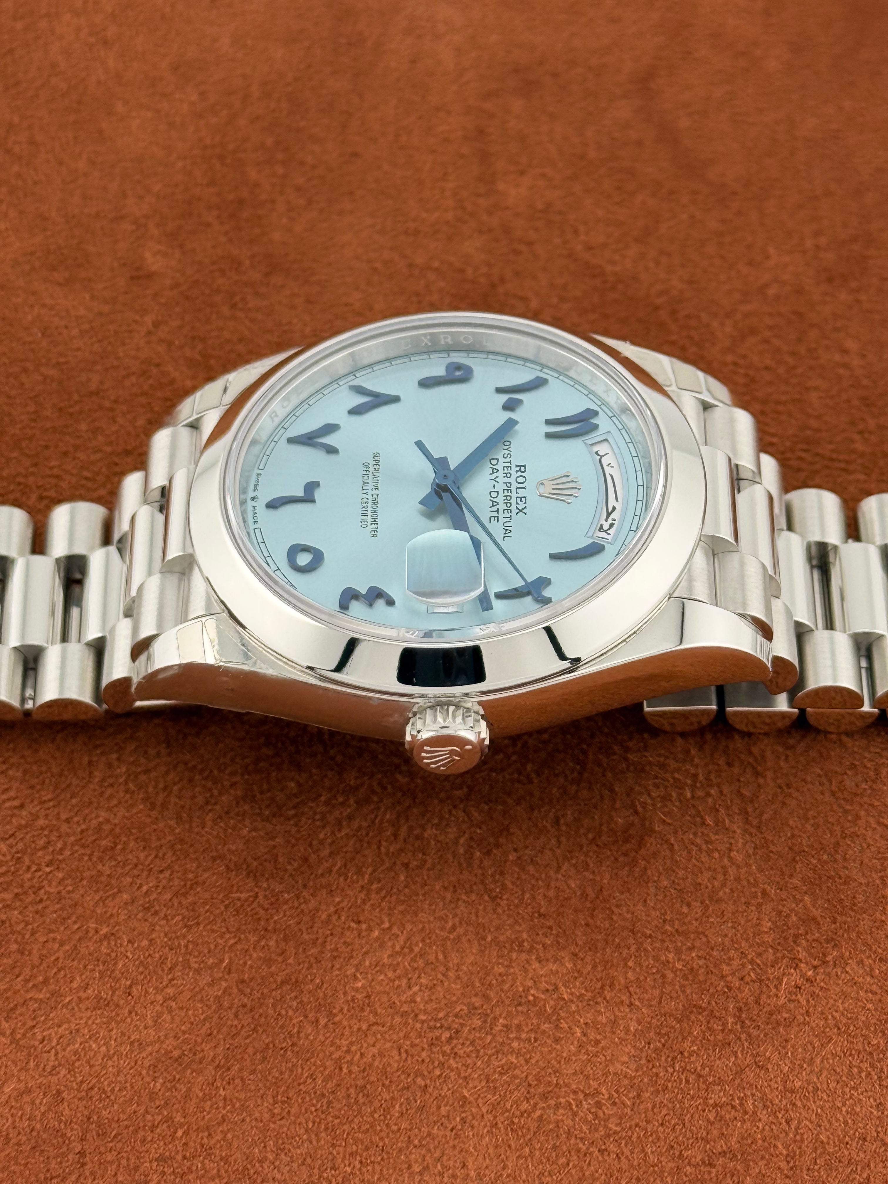 Rolex Day-Date 40 Ref. 228206 – Platinum, Ice Blue Eastern Arabic Dial, Full Set 2021