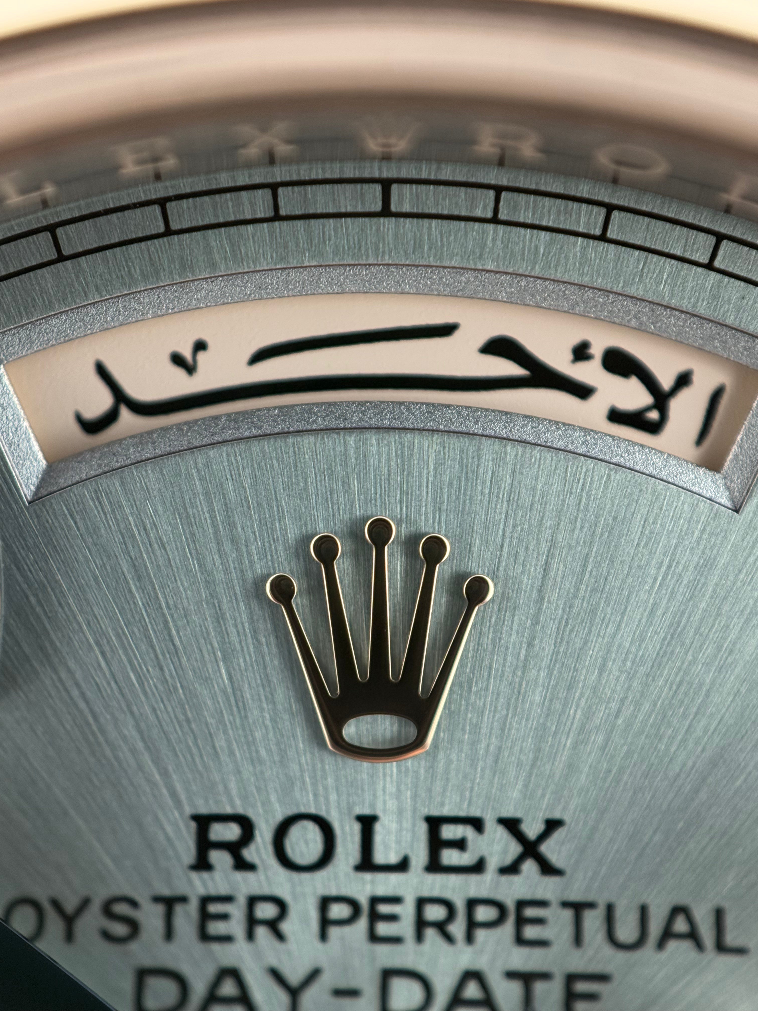 Rolex Day-Date 40 Ref. 228206 – Platinum, Ice Blue Eastern Arabic Dial, Full Set 2021