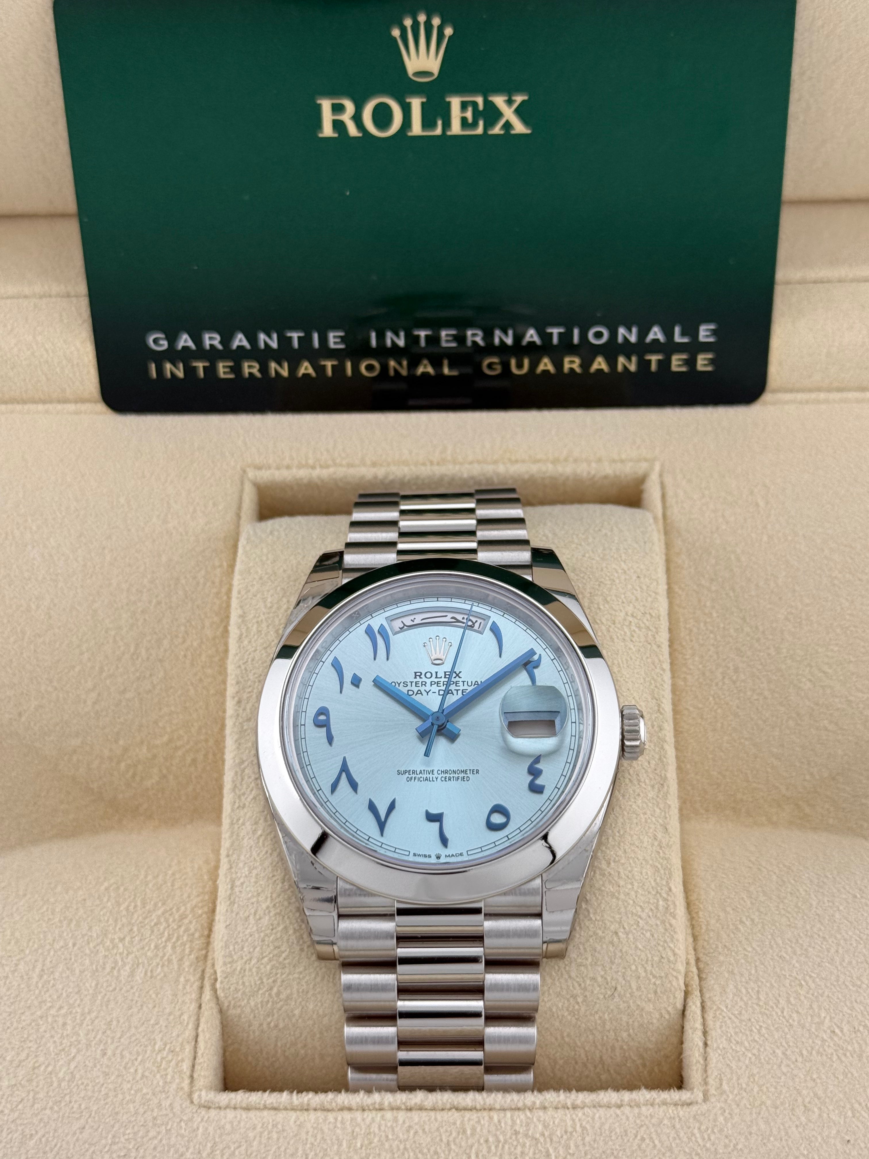 Rolex Day-Date 40 Ref. 228206 – Platinum, Ice Blue Eastern Arabic Dial, Full Set 2021