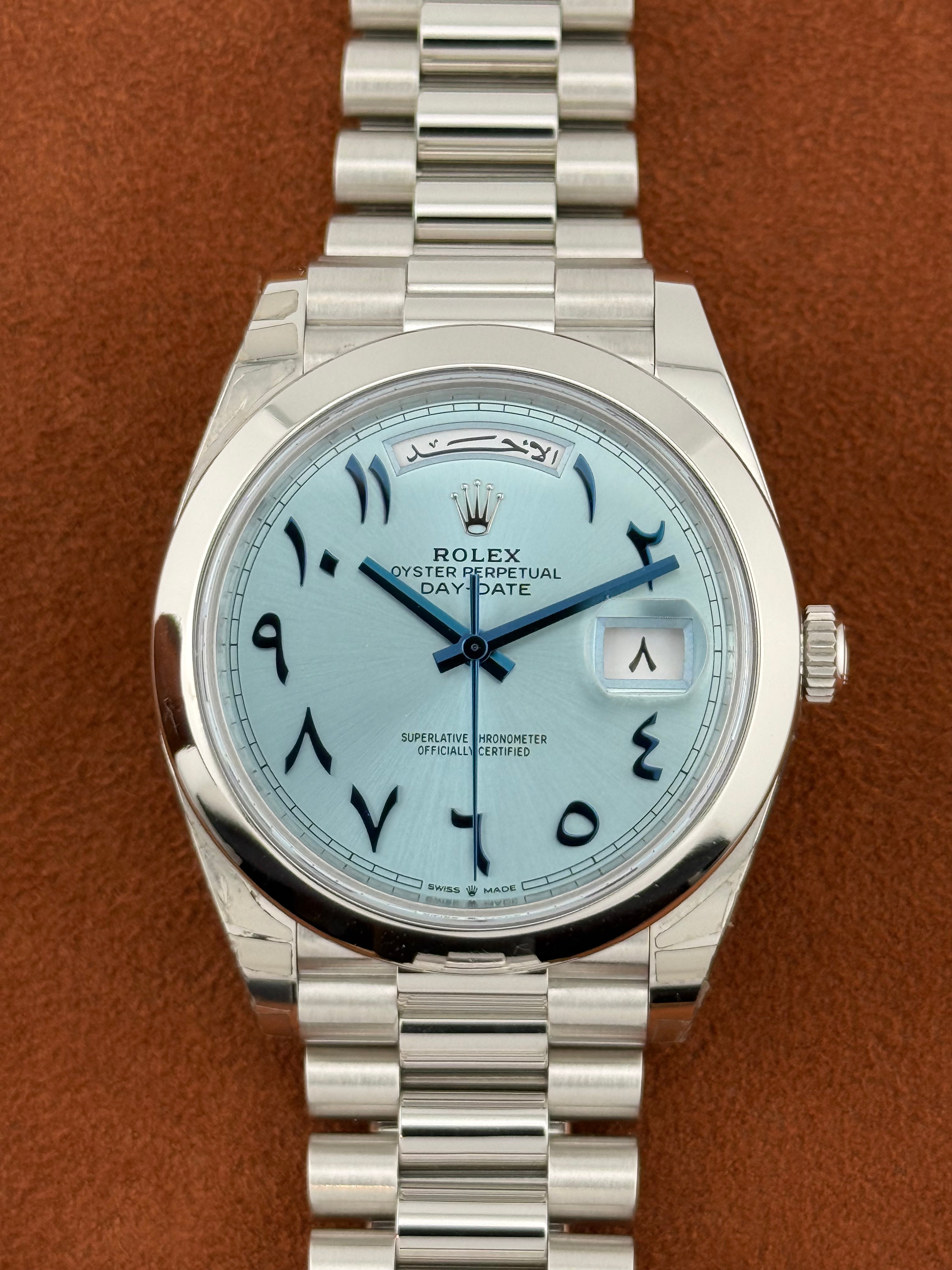 Rolex Day-Date 40 Ref. 228206 – Platinum, Ice Blue Eastern Arabic Dial, Full Set 2021