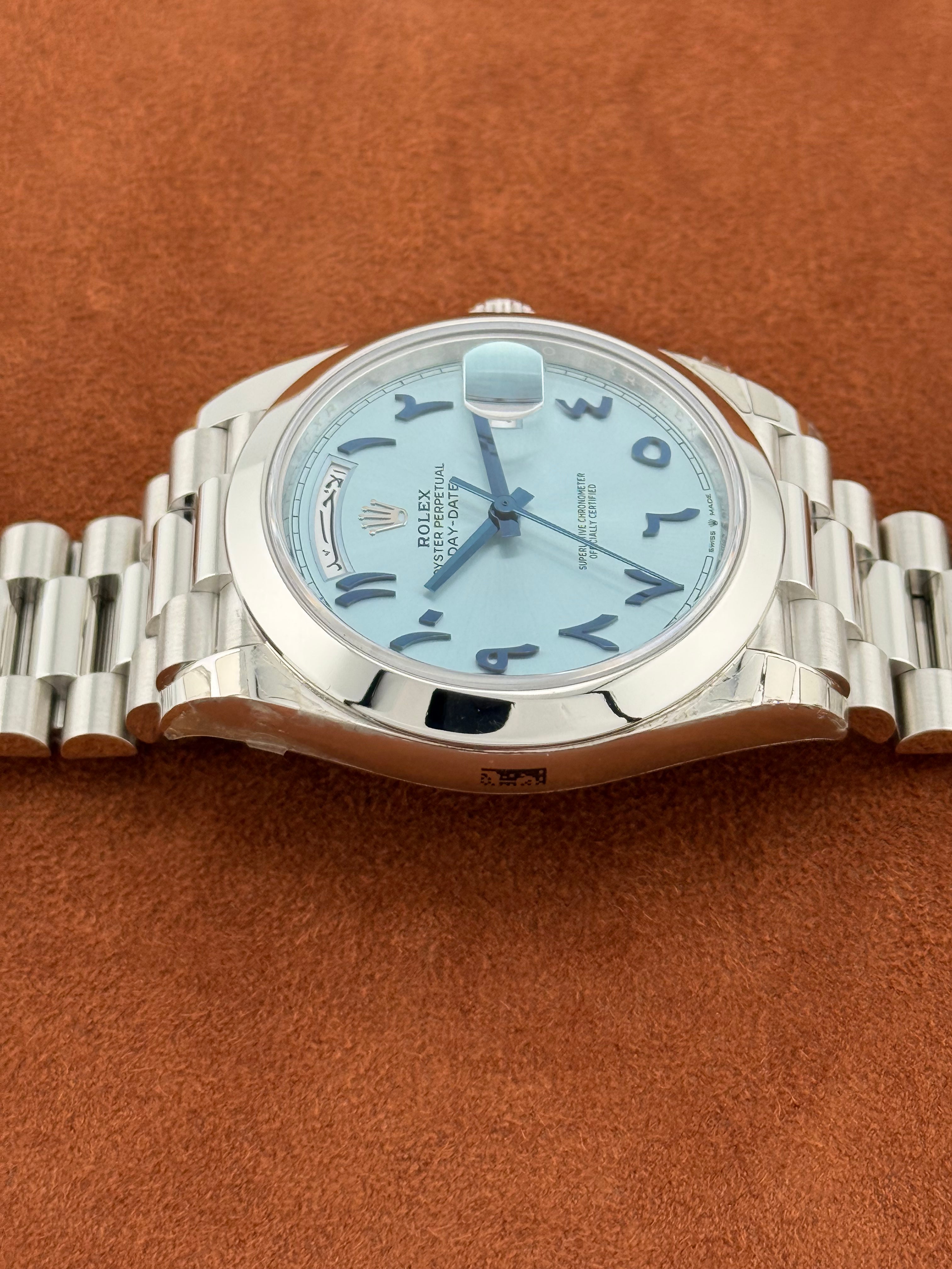 Rolex Day-Date 40 Ref. 228206 – Platinum, Ice Blue Eastern Arabic Dial, Full Set 2021