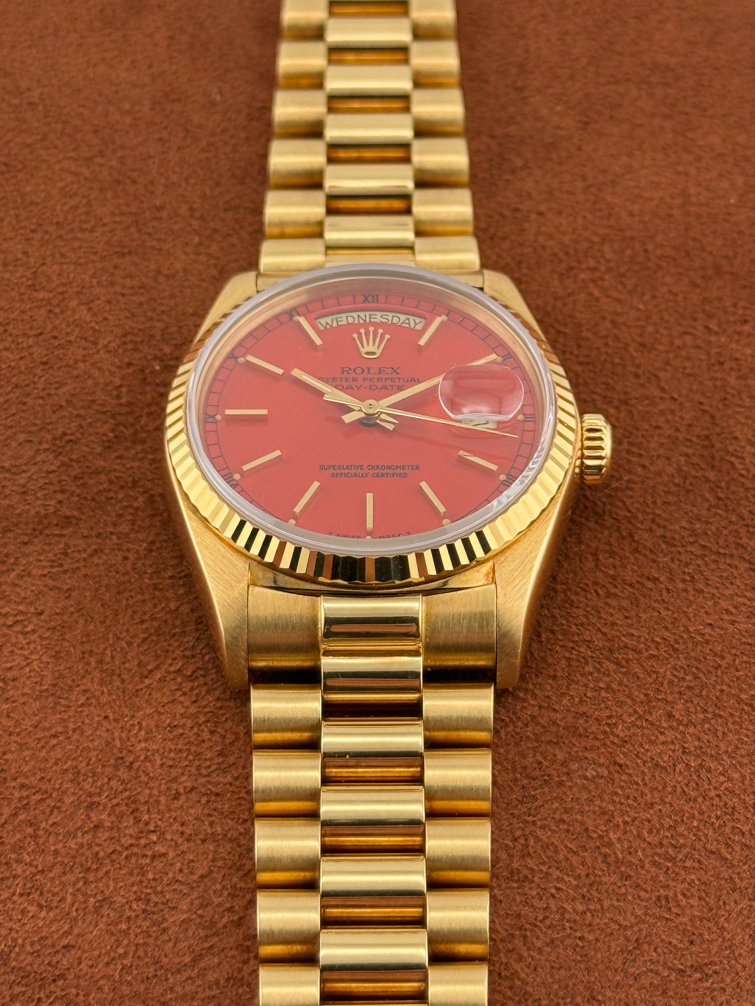 Rolex Day-Date “Stella” Ref. 18038 – Coral Red Dial, 18K Yellow Gold Bracelet Watch, Circa 1987