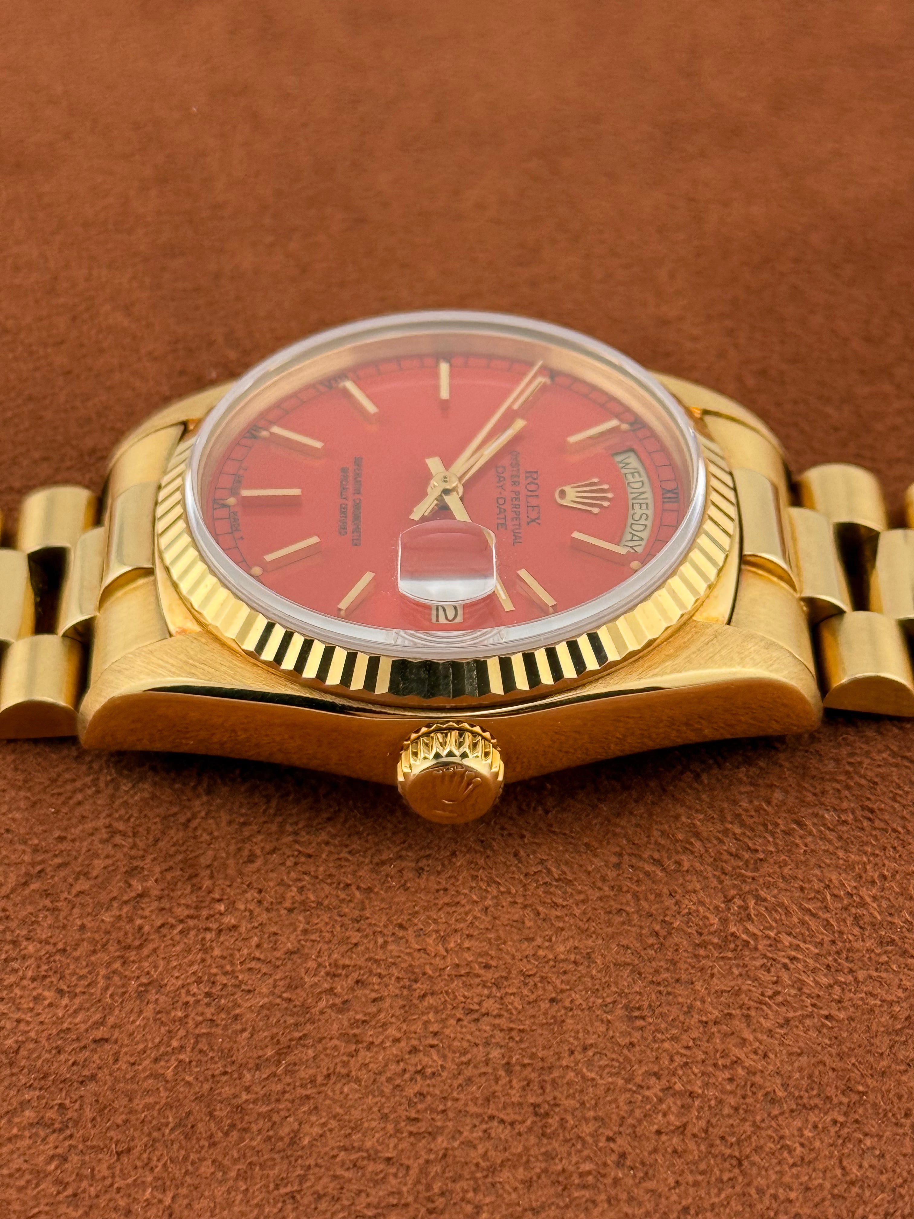 Rolex Day-Date “Stella” Ref. 18038 – Coral Red Dial, 18K Yellow Gold Bracelet Watch, Circa 1987