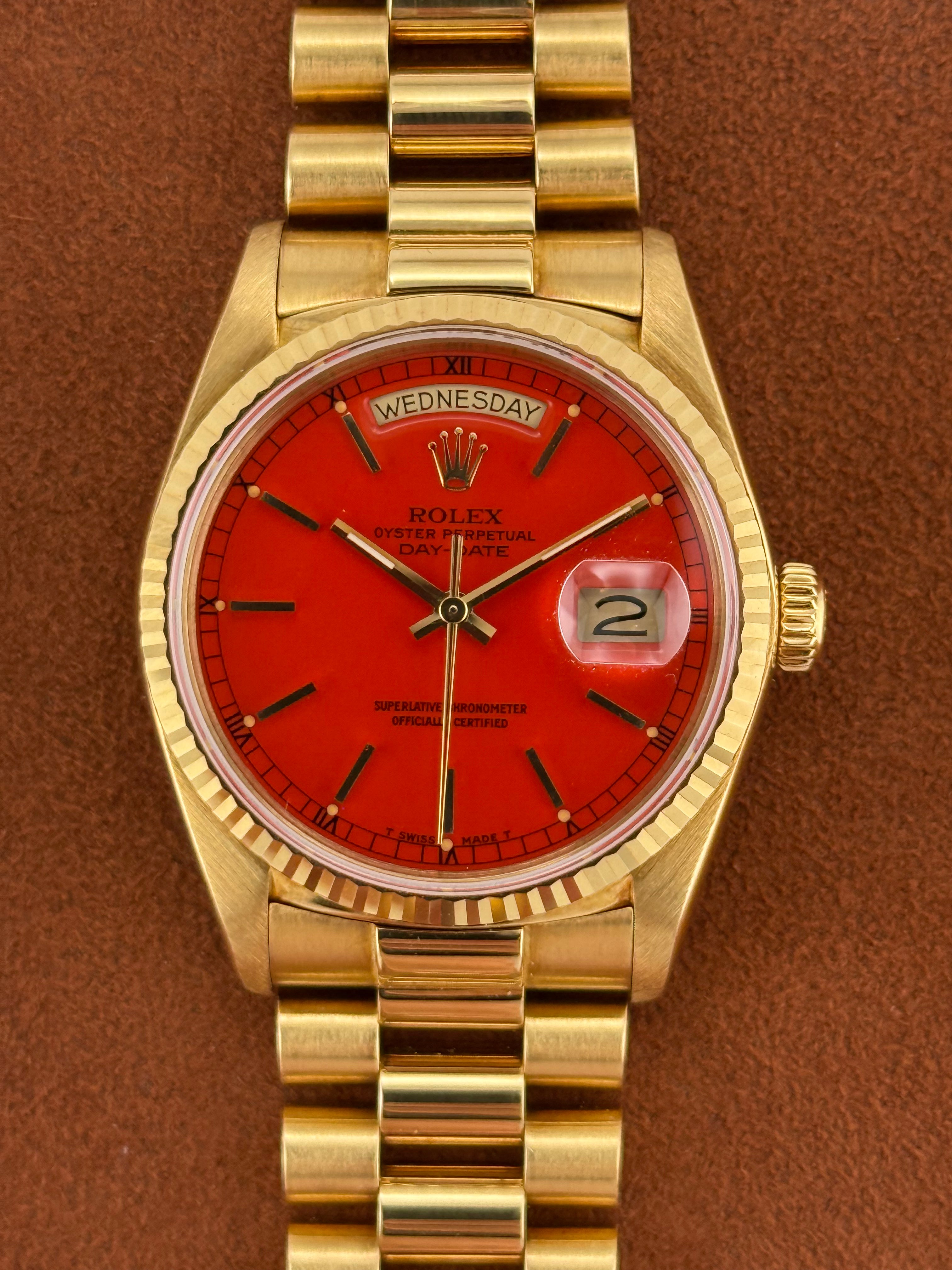 Rolex Day-Date “Stella” Ref. 18038 – Coral Red Dial, 18K Yellow Gold Bracelet Watch, Circa 1987