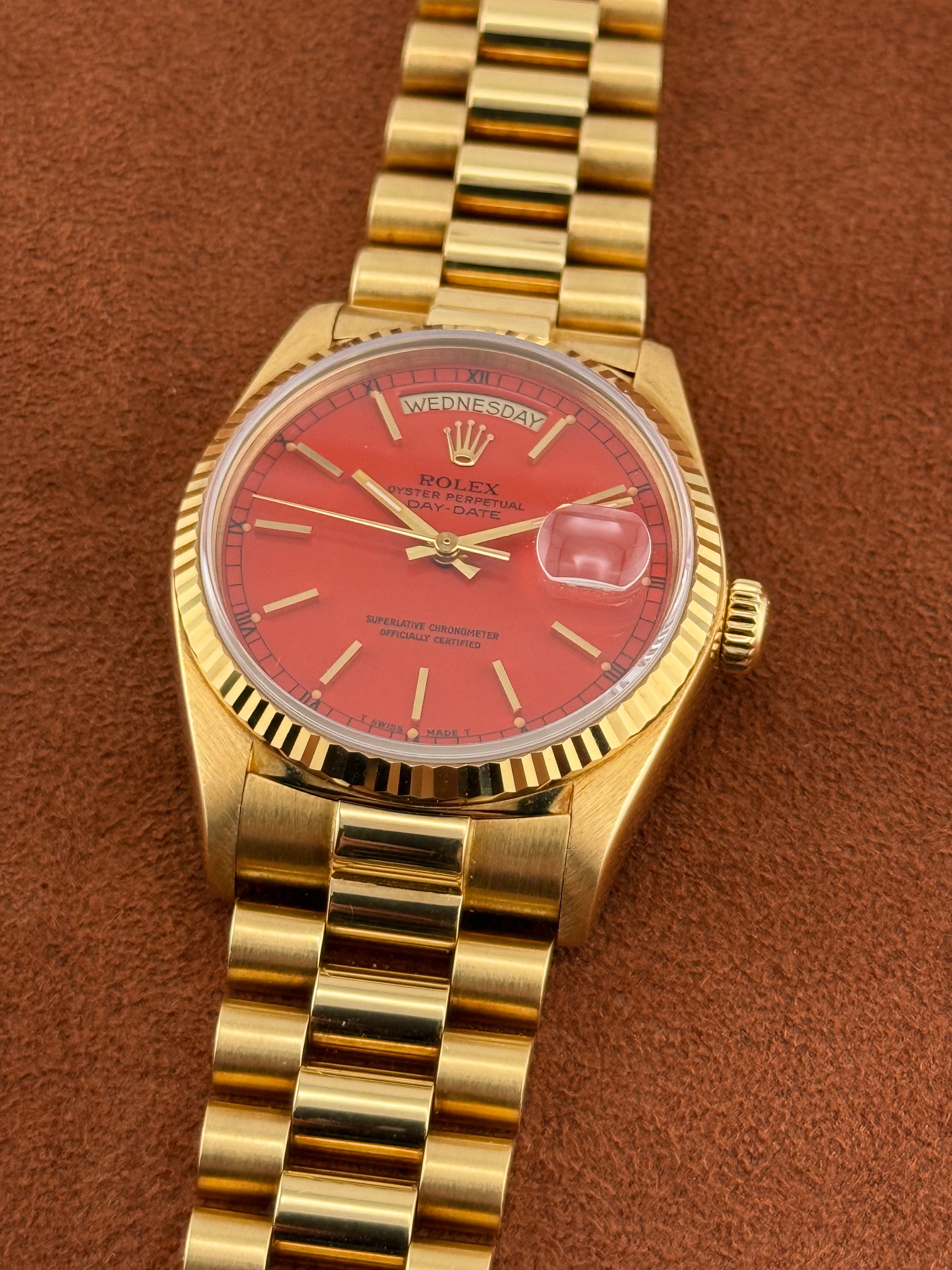 Rolex Day-Date “Stella” Ref. 18038 – Coral Red Dial, 18K Yellow Gold Bracelet Watch, Circa 1987