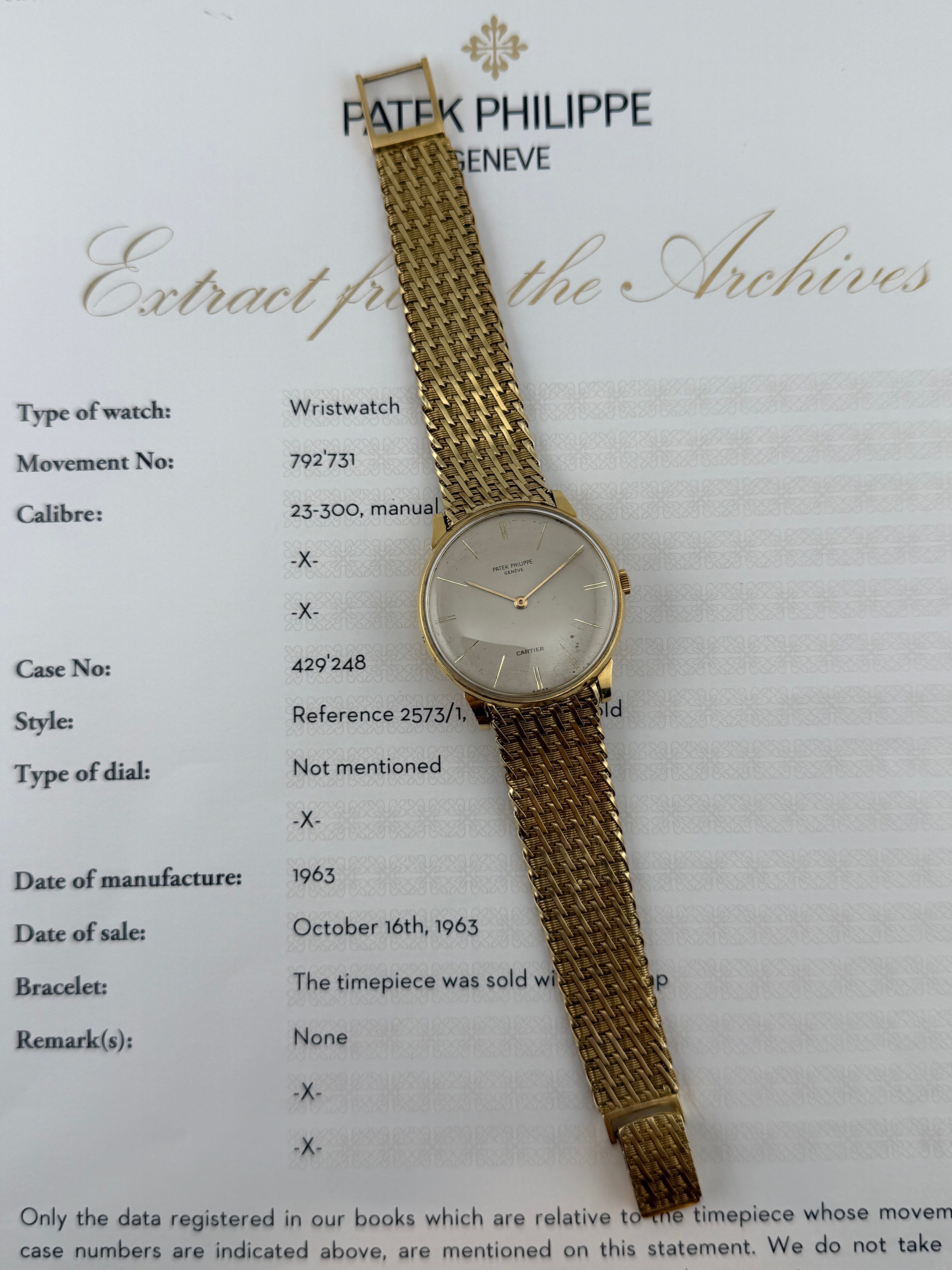 Patek Philippe Calatrava Retailed by Cartier Ref. 25734 – 18K Gold Bracelet, Extract from the Archives